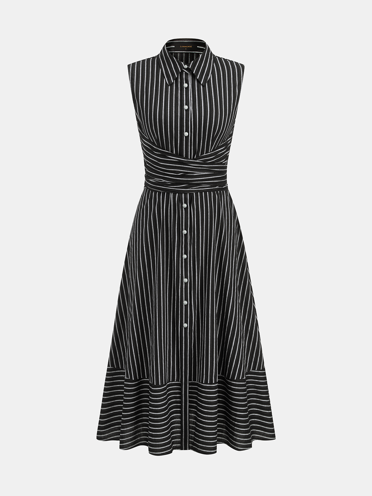 Striped Collared Sleeveless Tie Waist Midi Dress with Side Pockets