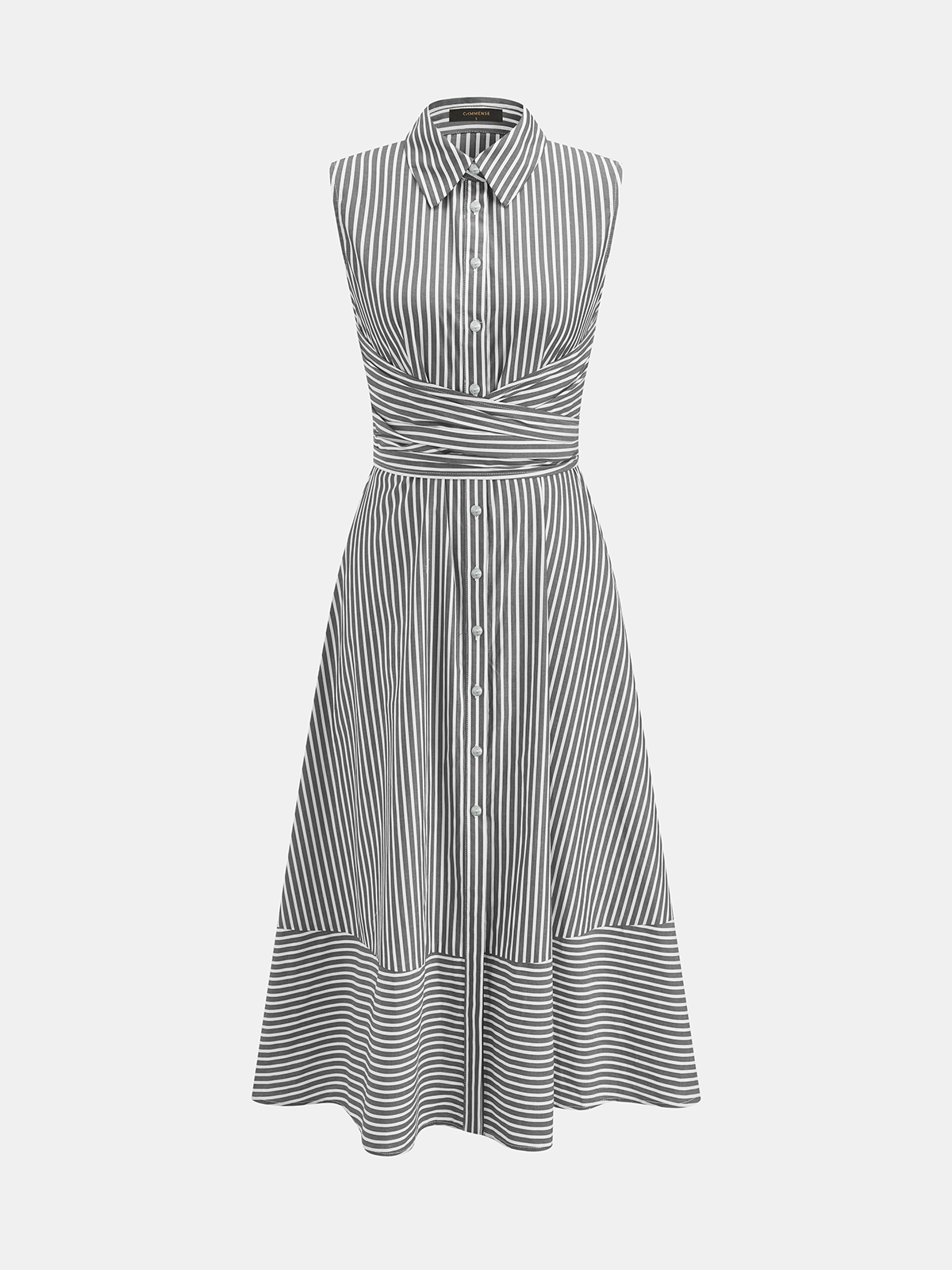 Striped Collared Sleeveless Tie Waist Midi Dress with Side Pockets