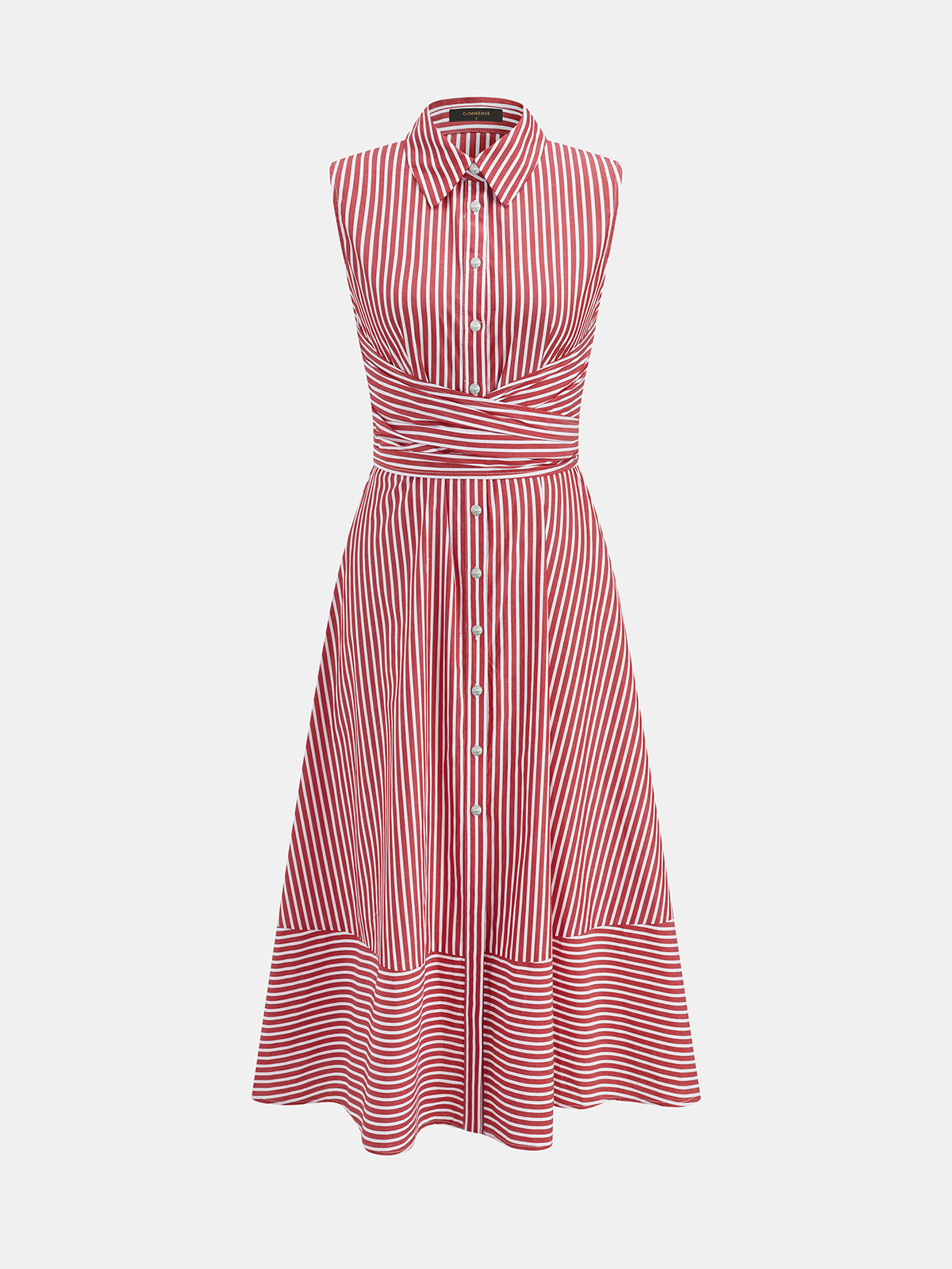 Striped Collared Sleeveless Tie Waist Midi Dress with Side Pockets