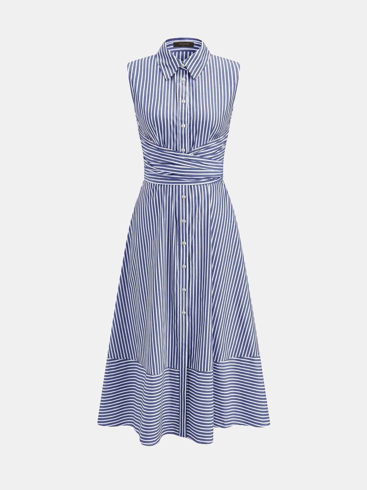 Striped Collared Sleeveless Tie Waist Midi Dress with Side Pockets
