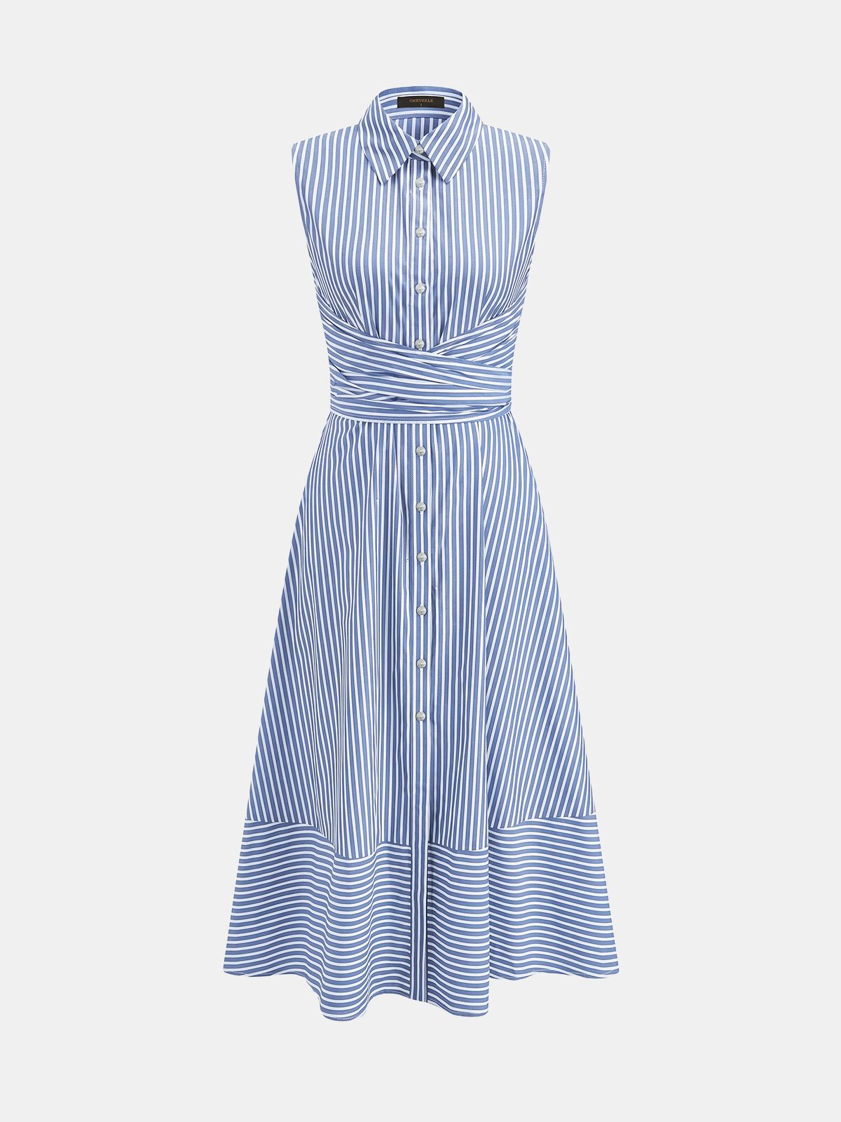 Striped Collared Sleeveless Tie Waist Midi Dress with Side Pockets