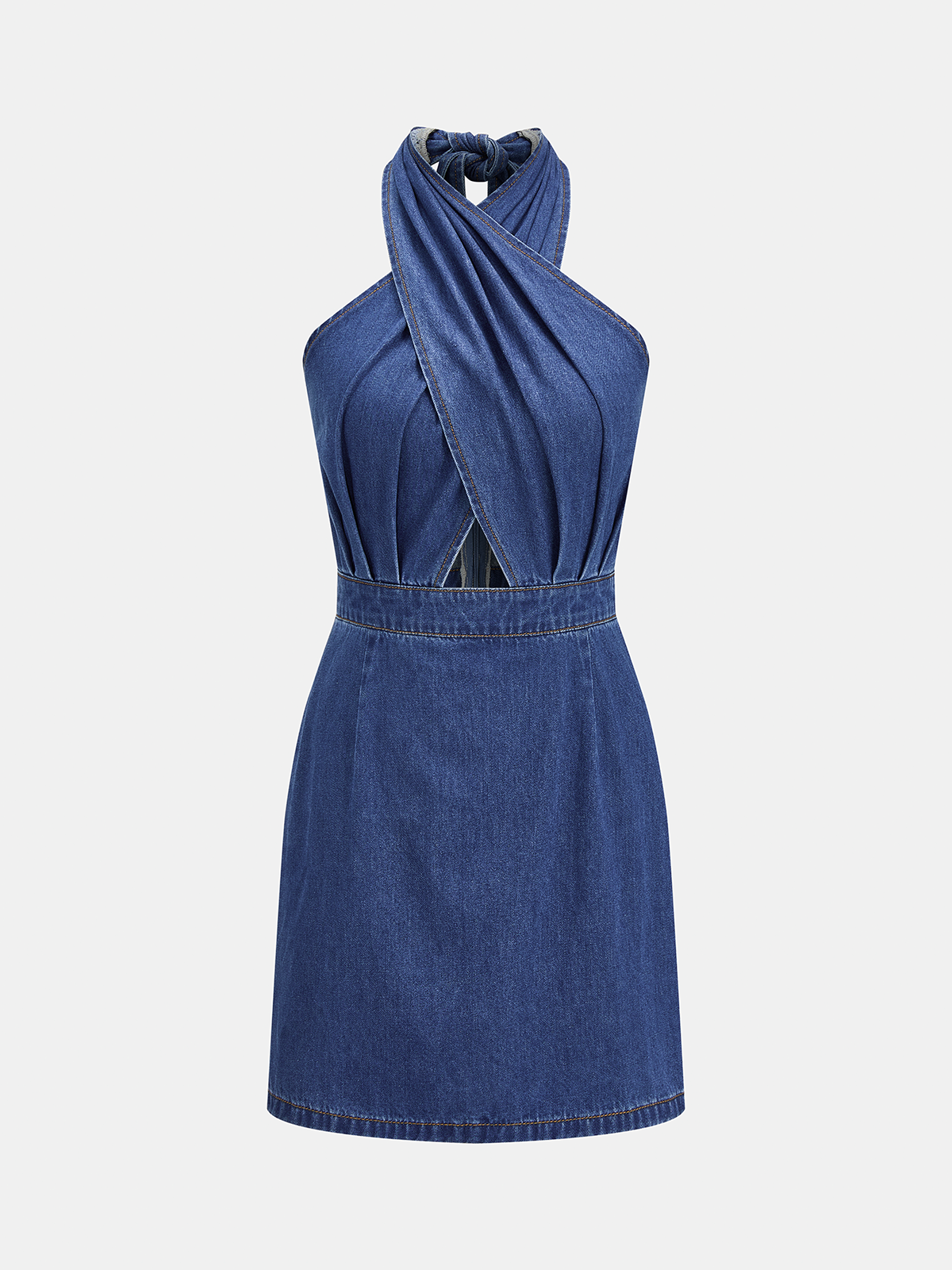 Cross-Front Halter Neck Denim Mini Dress Stylish Casual Summer Outfit