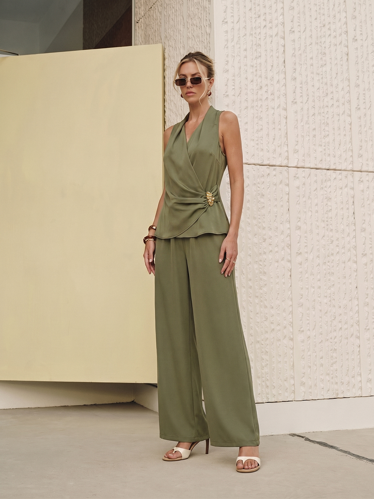 Wrap-Front Sleeveless Top & Wide-Leg Pants Set for Women Comfort Stylish