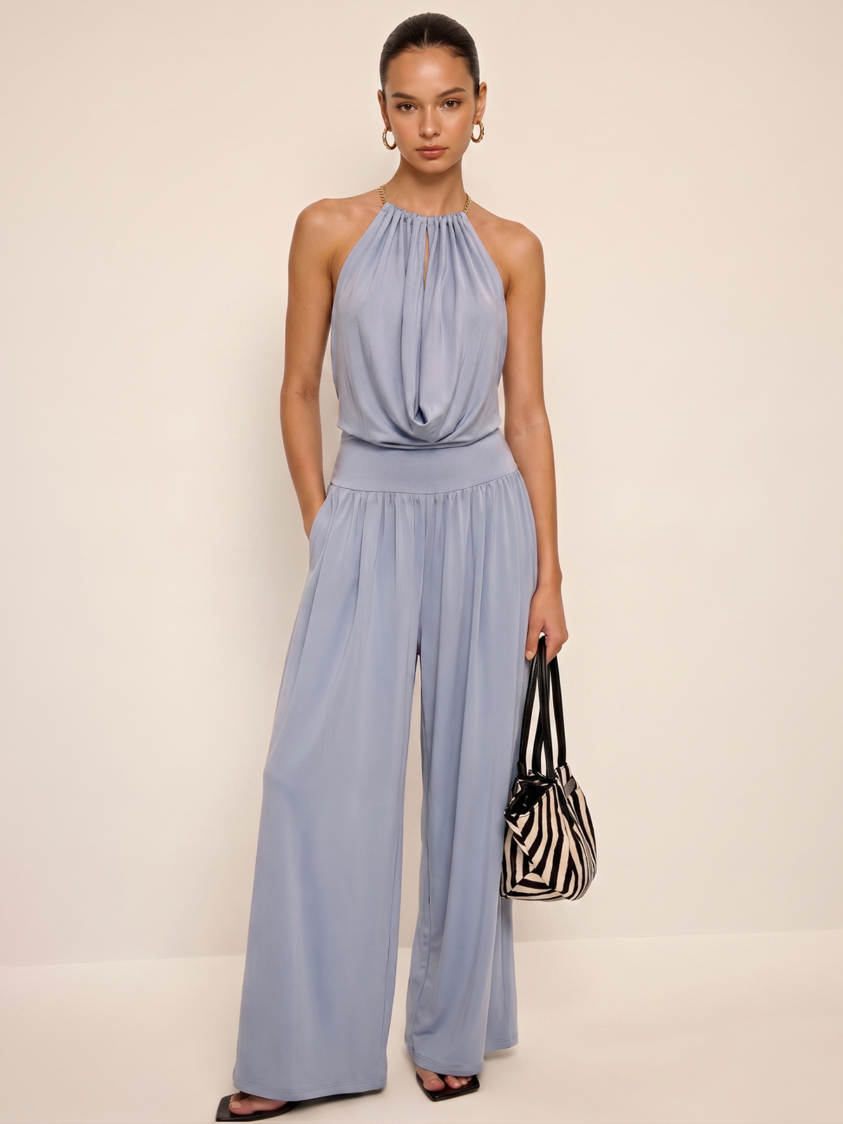 Chain Halter Bodysuit & High-Waisted Palazzo Pants Set for Elegant Evenings