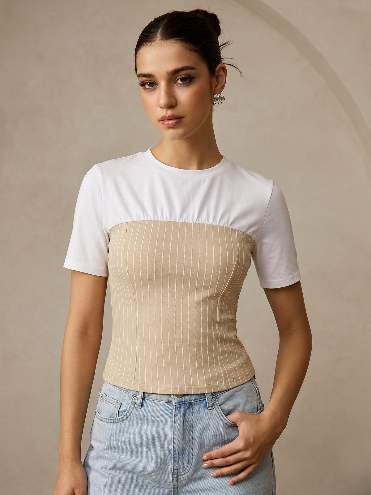 Color Block Striped Short Sleeve Top for Women Casual Style