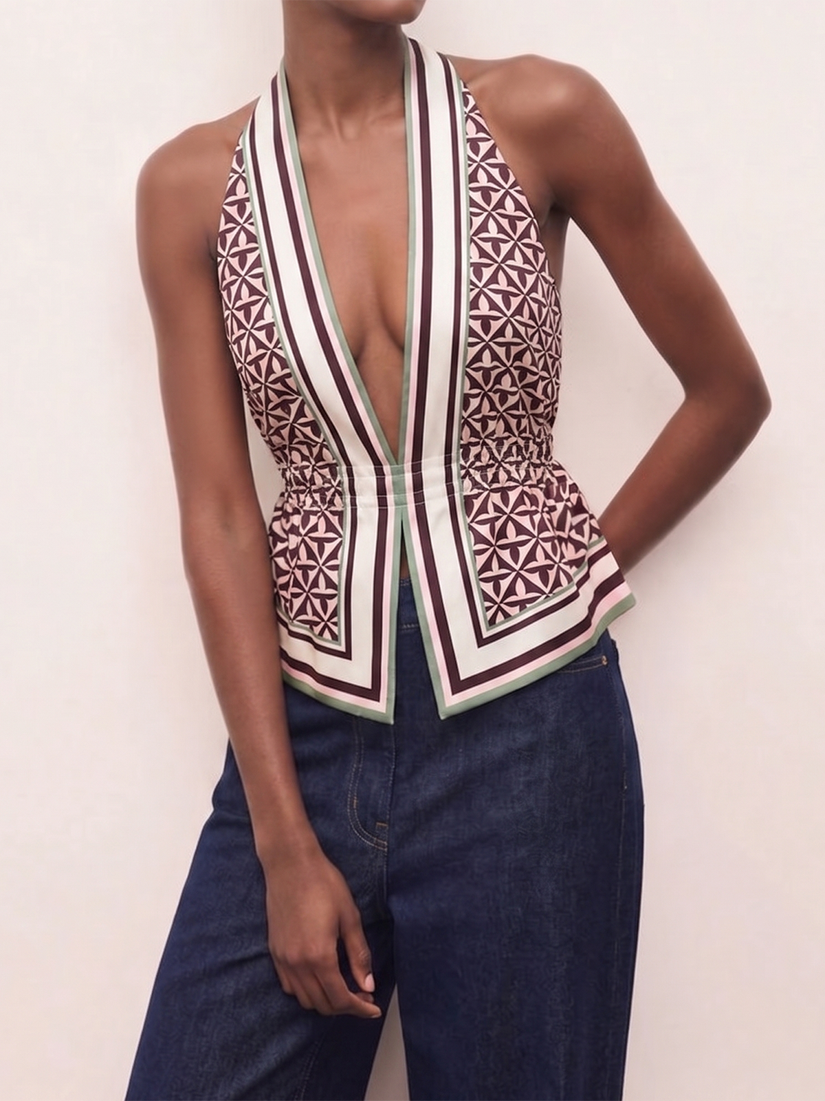 Geometric Print Cinched Waist Satin Top - Women's Fashion Blouse