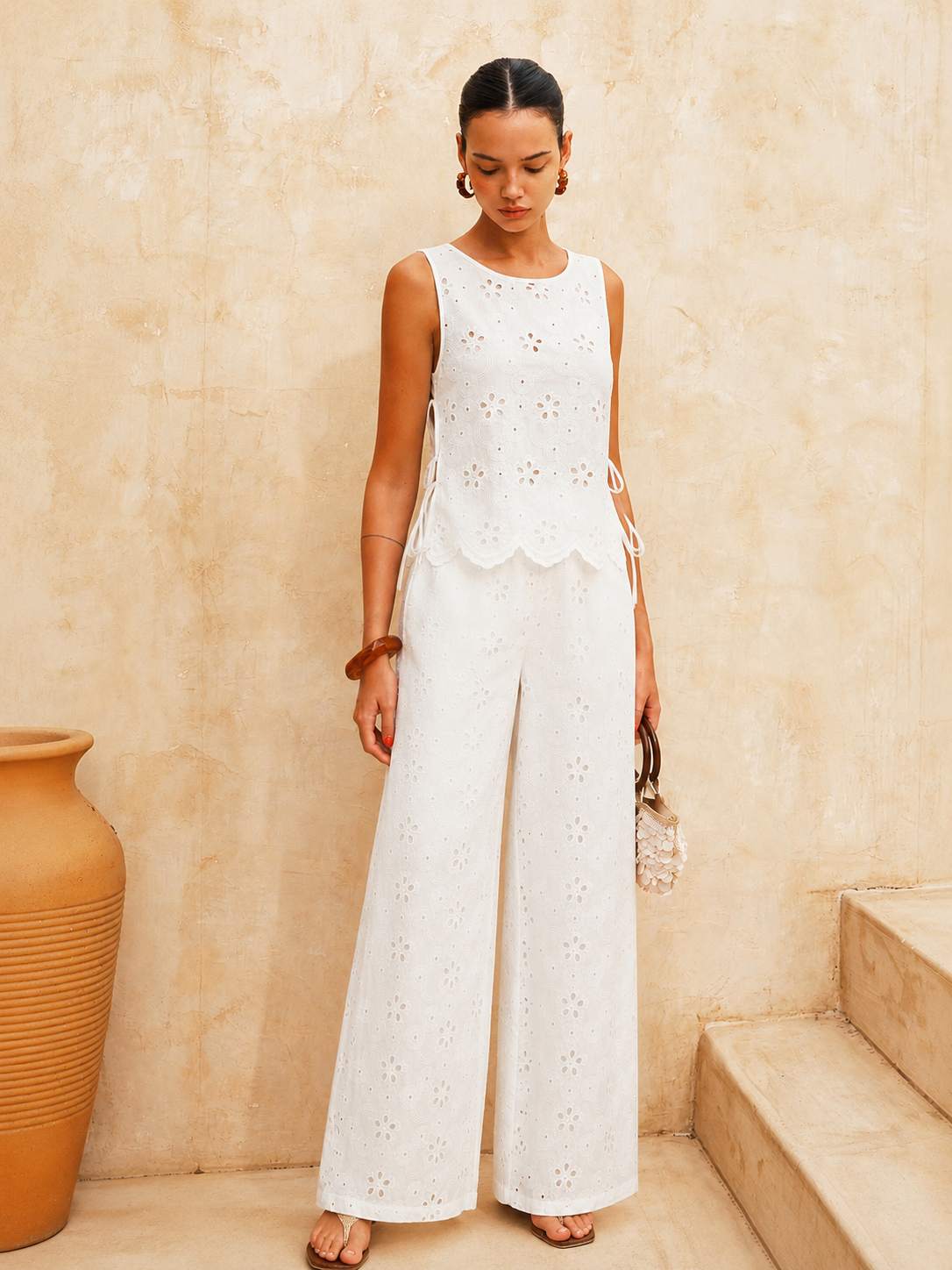 Eyelet Embroidery Two Piece Pants Set for Women, Casual Summer Outfit