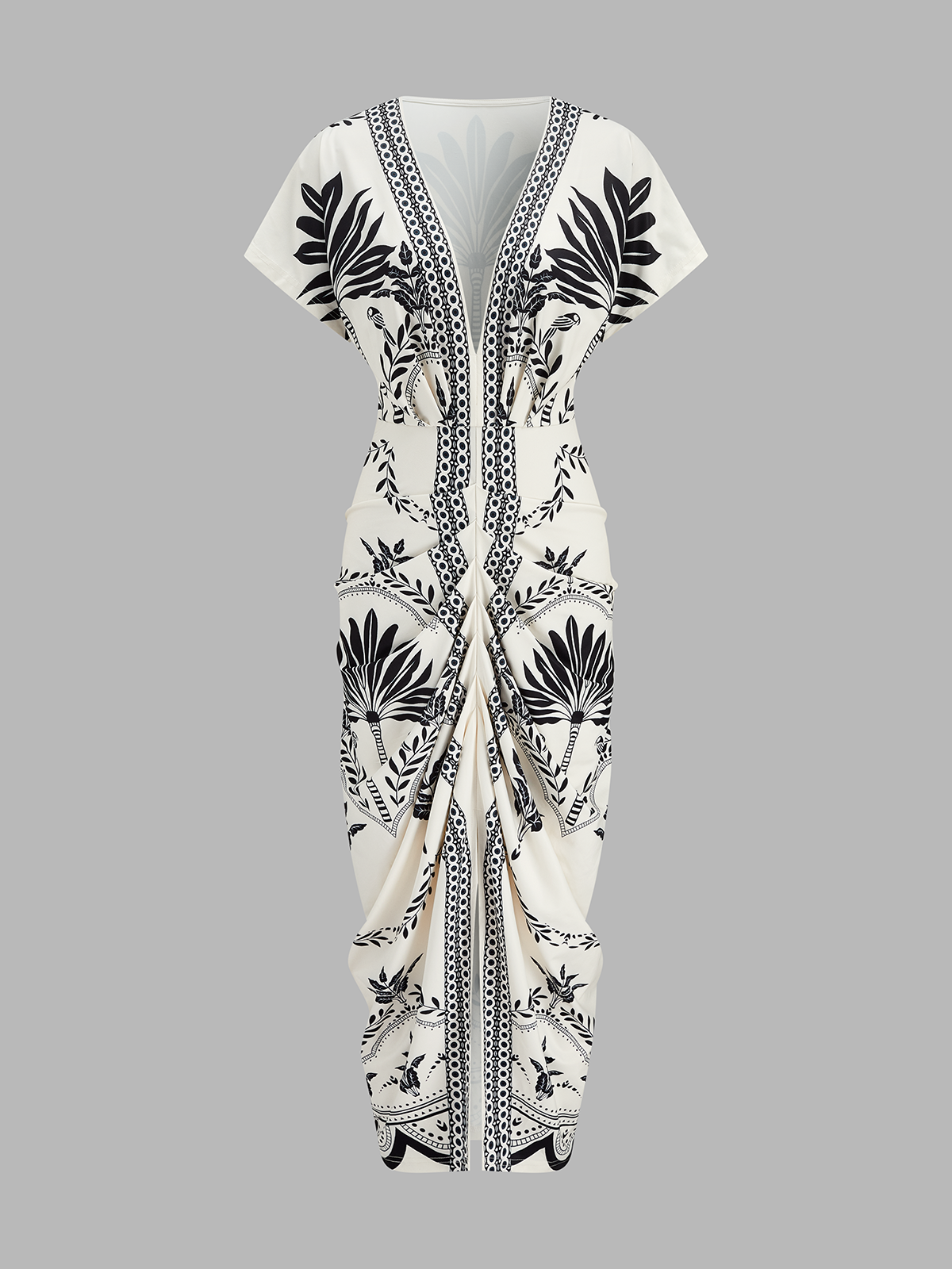Palm Leaf Print Deep V Neck Flowy Summer Maxi Dress