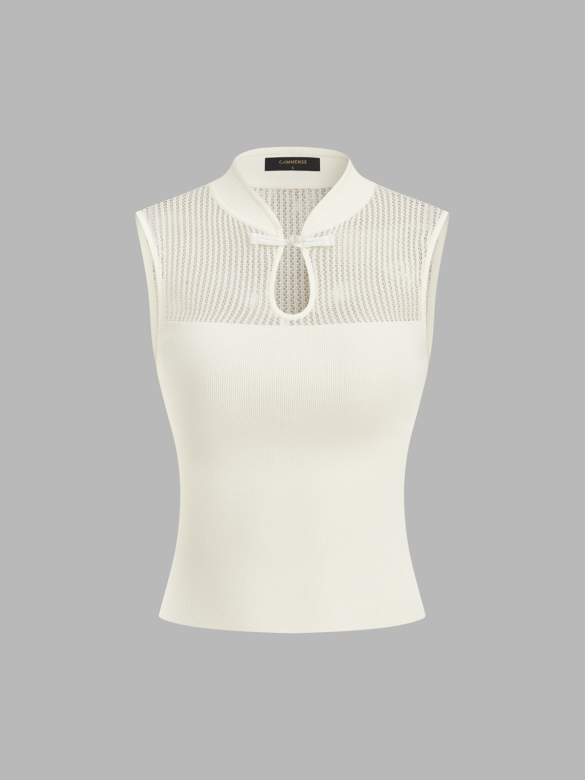 Mandarin Collar Hollow Knit Tank Top Lightweight Sleeveless