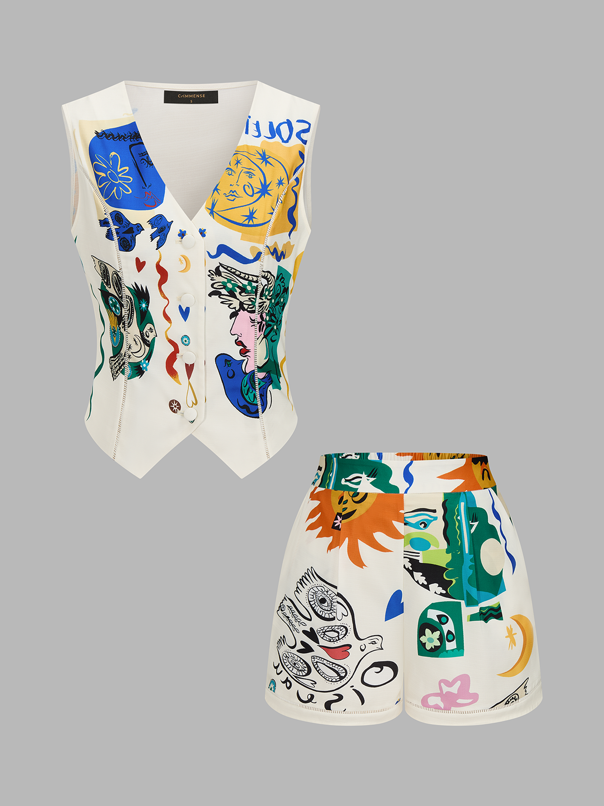 Abstract Art Print Vest & Shorts Set - Trendy Summer Casual Outfit