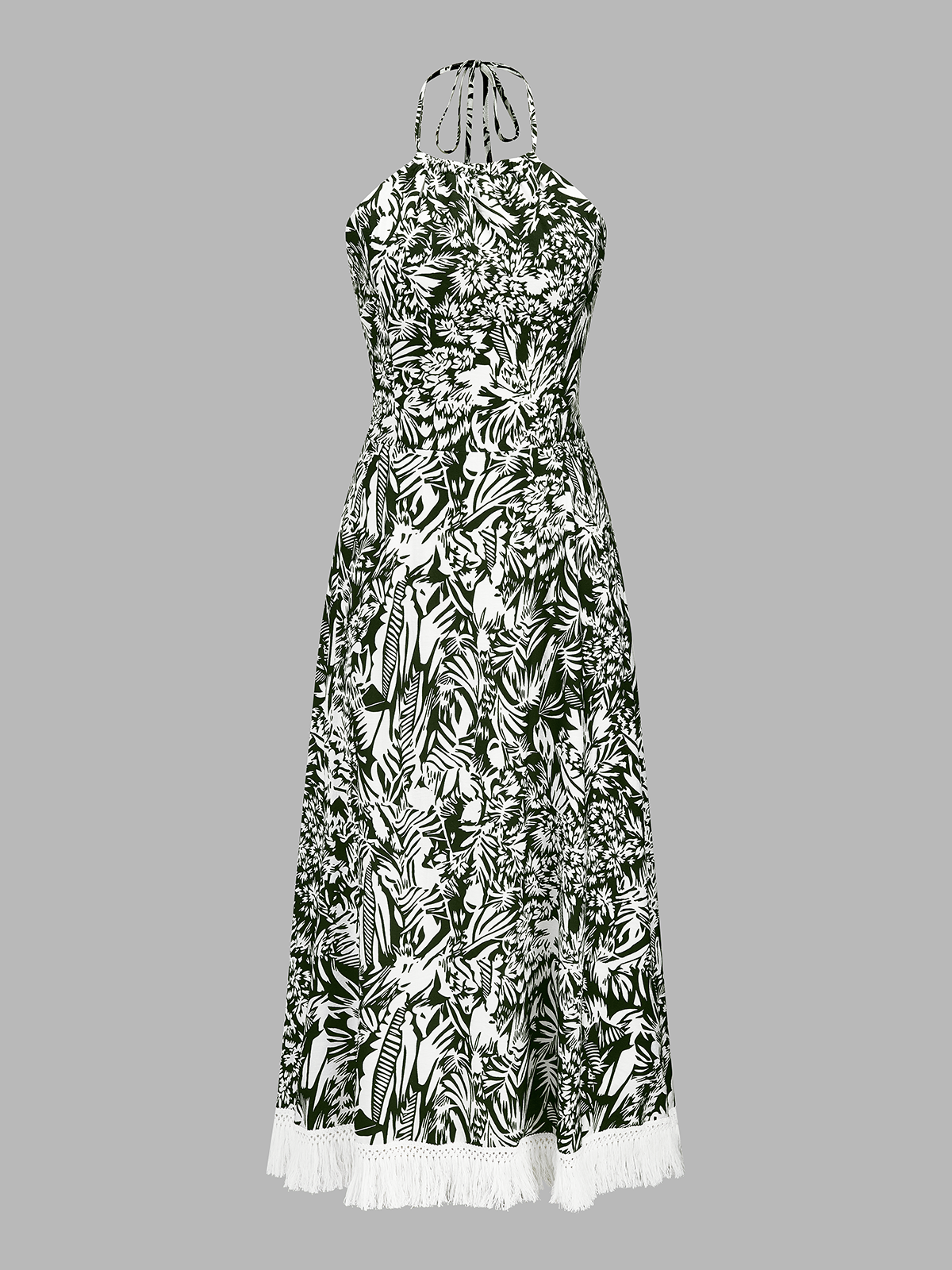 Fringe Hem Jungle Print Halter Maxi Dress for Summer Festivals