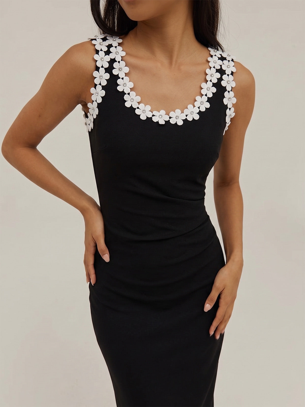 3D Floral Neckline Bodycon Midi Dress | Elegant Women's Evening Wear