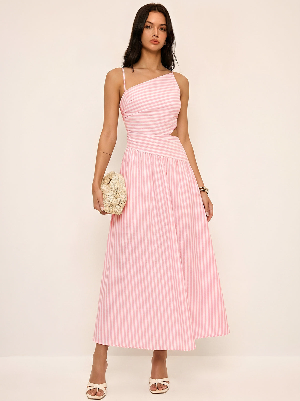Striped Cut-Out Asymmetric Cami Maxi Dress for Summer Evenings