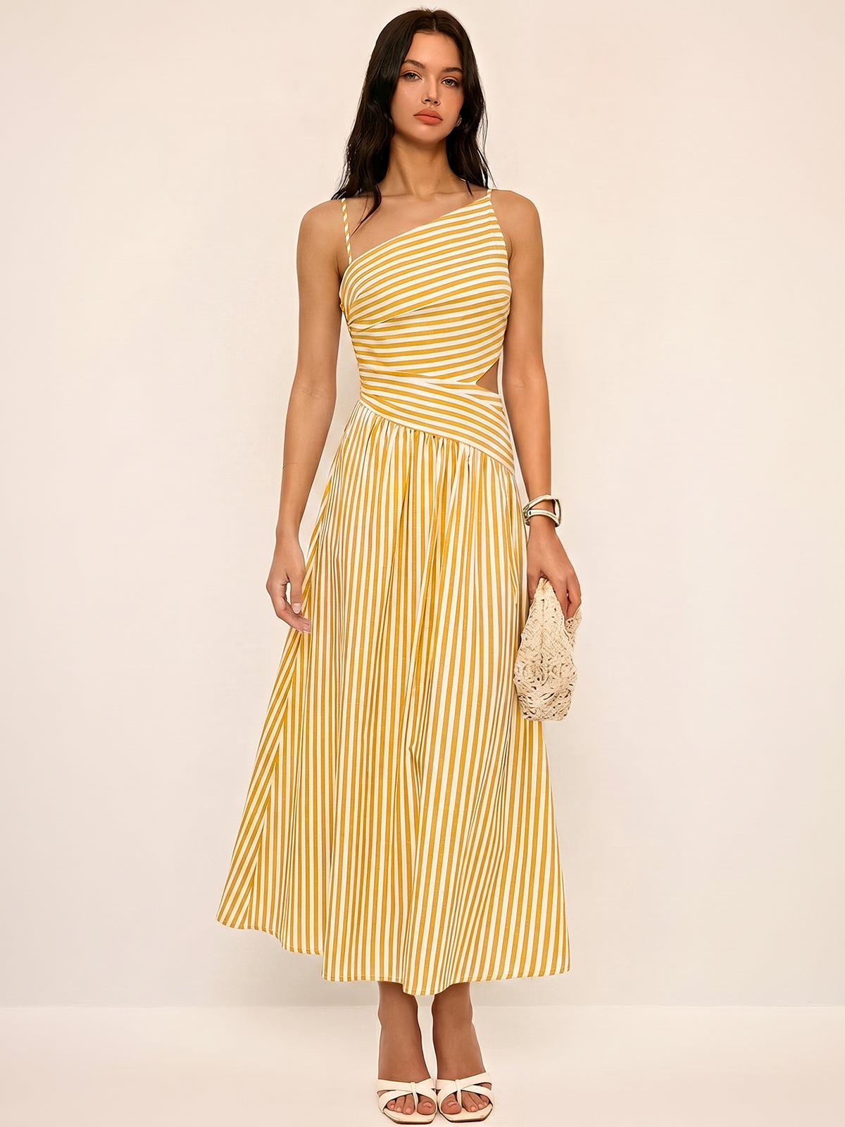 Striped Cut-Out Asymmetric Cami Maxi Dress for Summer Evenings