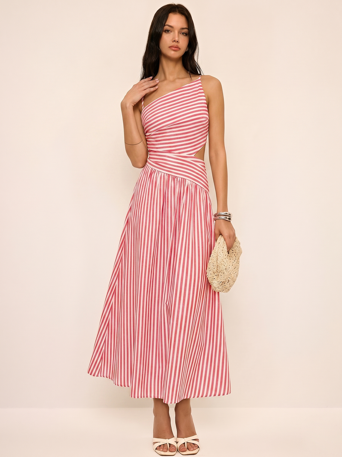 Striped Cut-Out Asymmetric Cami Maxi Dress for Summer Evenings