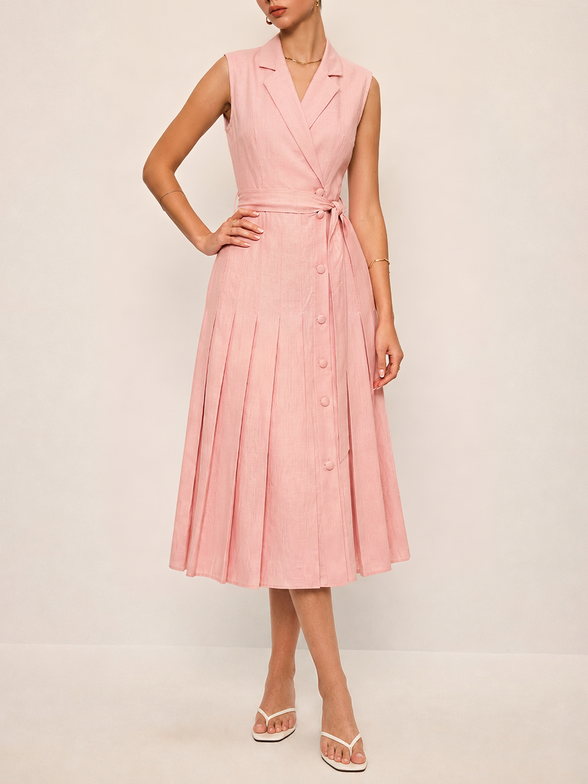 Cotton Linen Pleated Belted Blazer Dress with Button Details