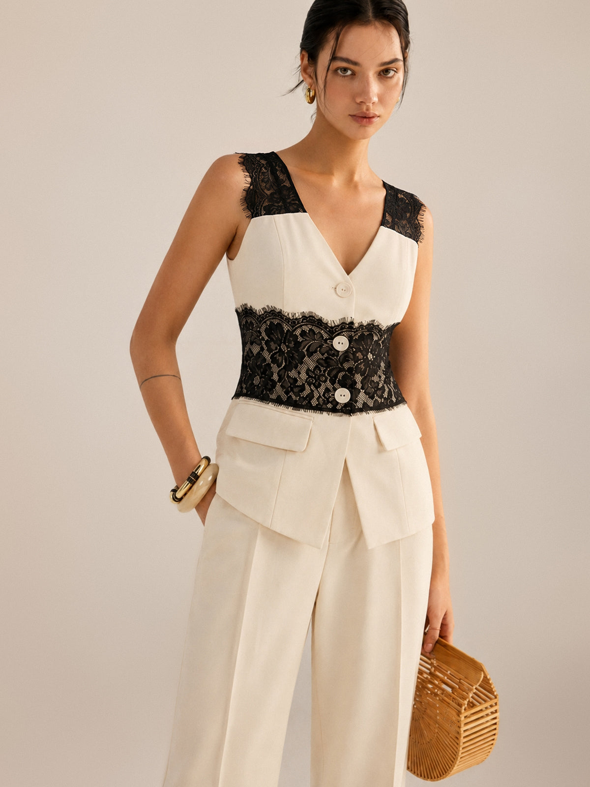 Lace Panel Sleeveless Vest & Pants Set Women's Casual Outfit