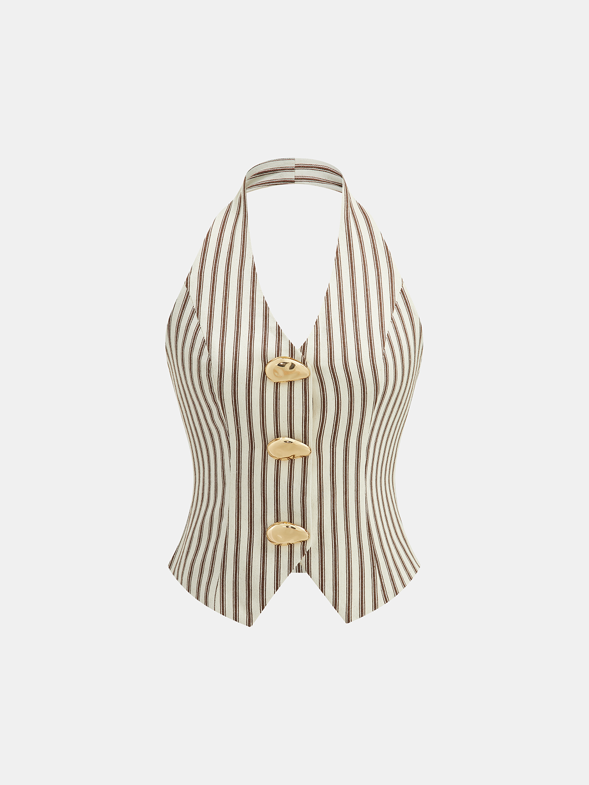 Striped Halter Neck Pants Set with Metal Button Women's Casual Outfit