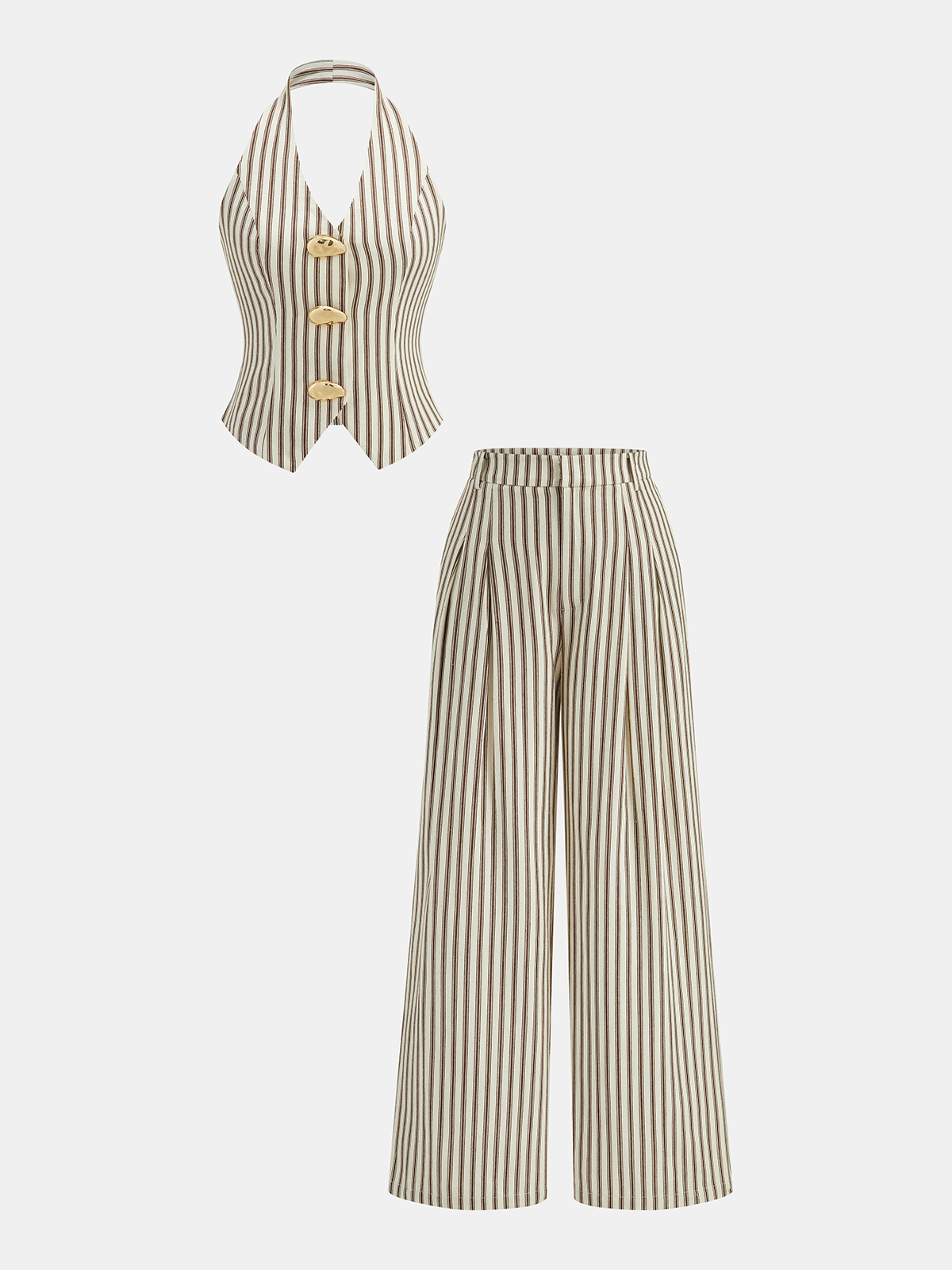 Striped Halter Neck Pants Set with Metal Button Women's Casual Outfit