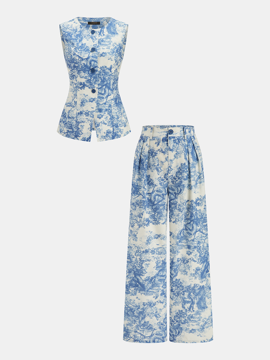 Toile Print Vest & Wide-Leg Pants Set Women's Casual Outfit