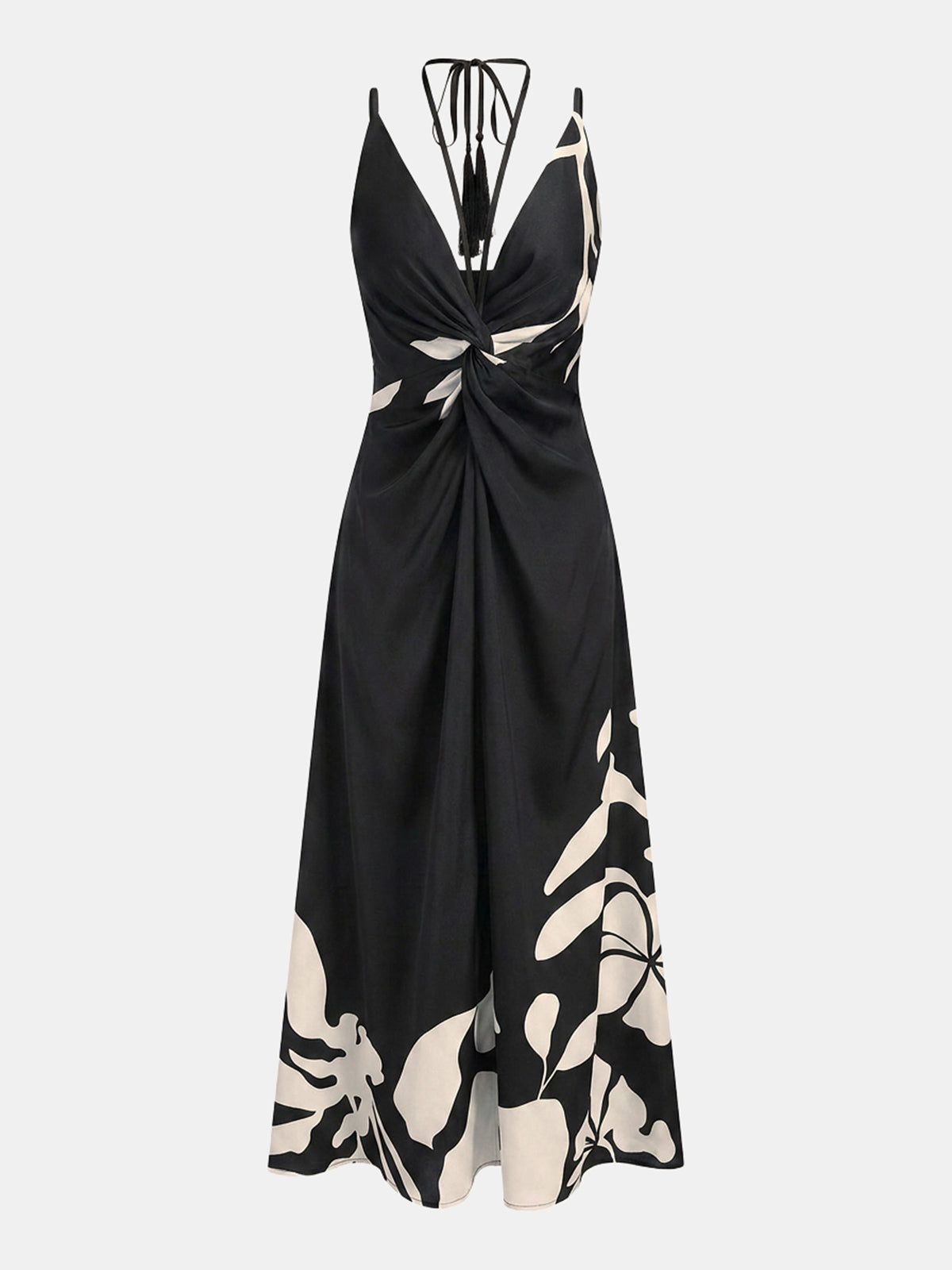 Tassel Detail Twist-Front Floral Print Maxi Dress with V-Neck and Empire Waist