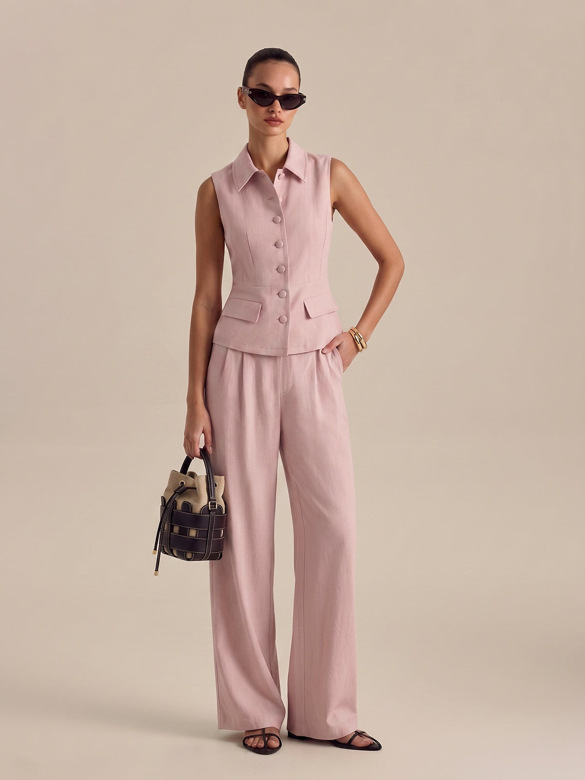 Collared Cotton Linen Vest & Pants Set for Casual Summer Wear