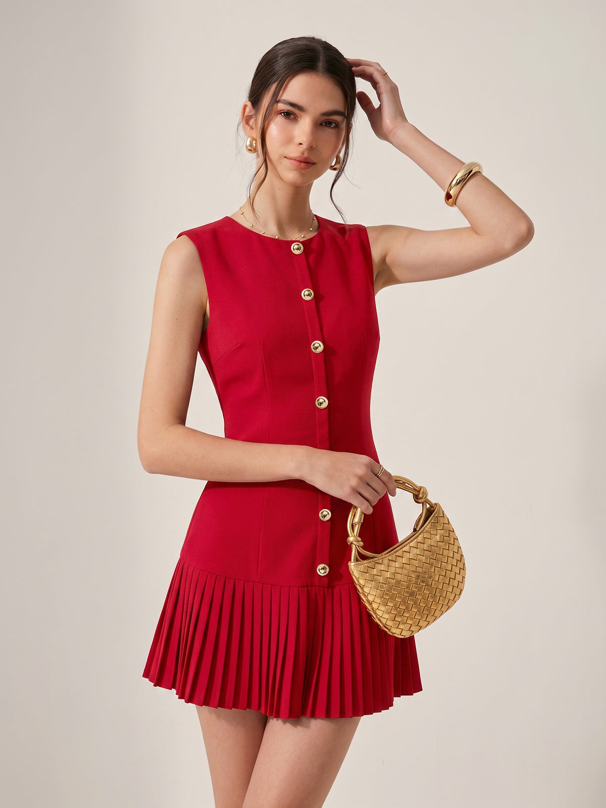 Metal Detail Sleeveless Slim Fit Pleated Mini Dress for Women Spring Collection