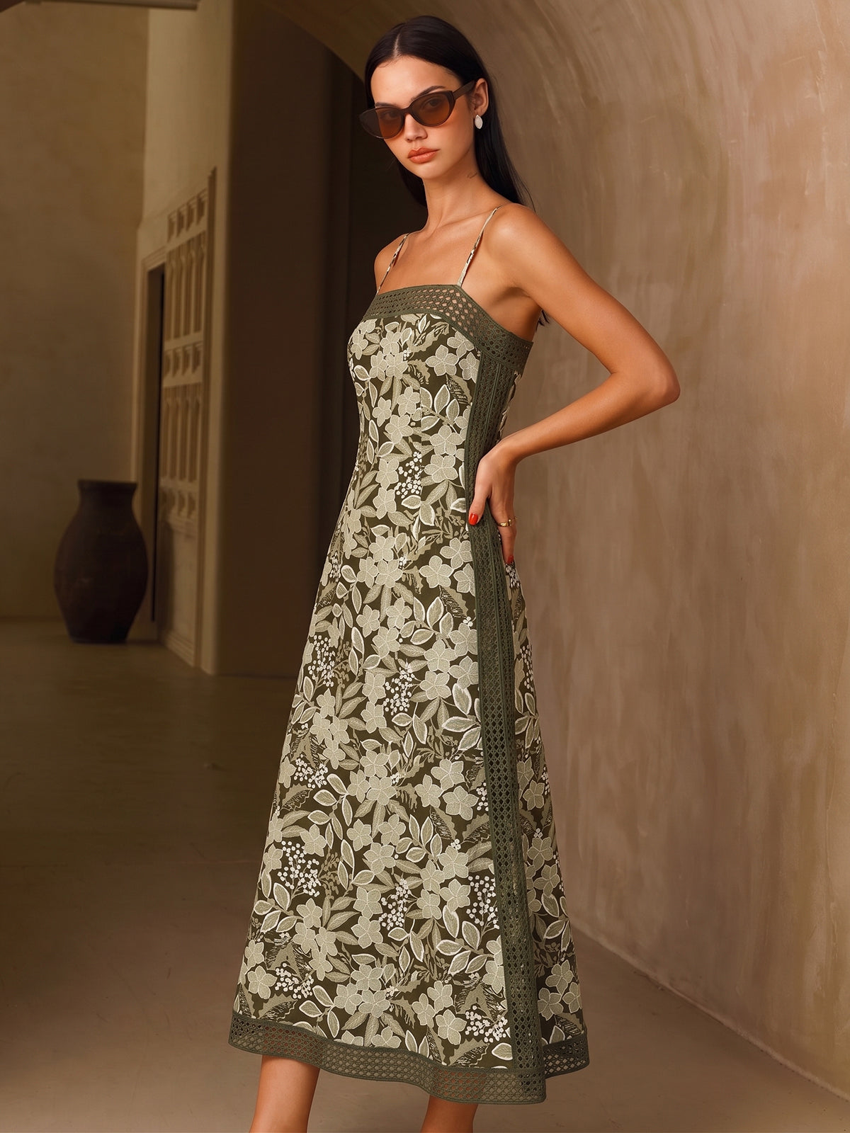 Crochet Trim Floral Print Slip Dress with Boho Style Accents
