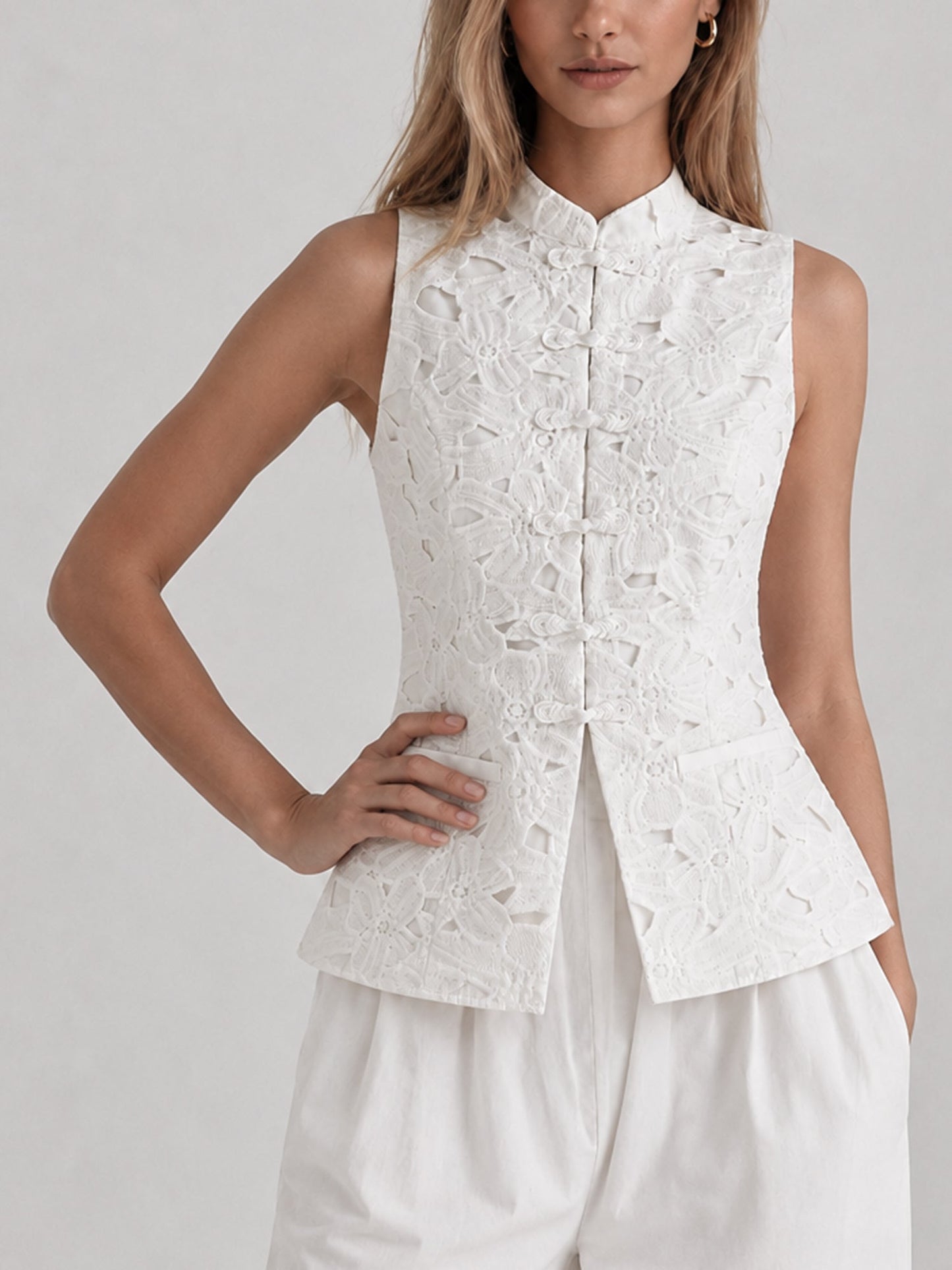 Guipure Lace Mandarin Collar Frog Button Vest Traditional Embroidered Design