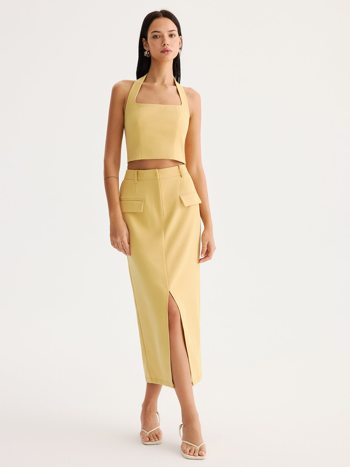 Halter Crop Top & Slit Midi Skirt Set, Summer Beachwear Casual Outfit