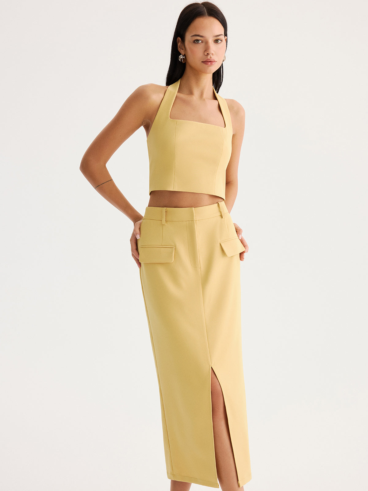 Halter Crop Top & Slit Midi Skirt Set, Summer Beachwear Casual Outfit