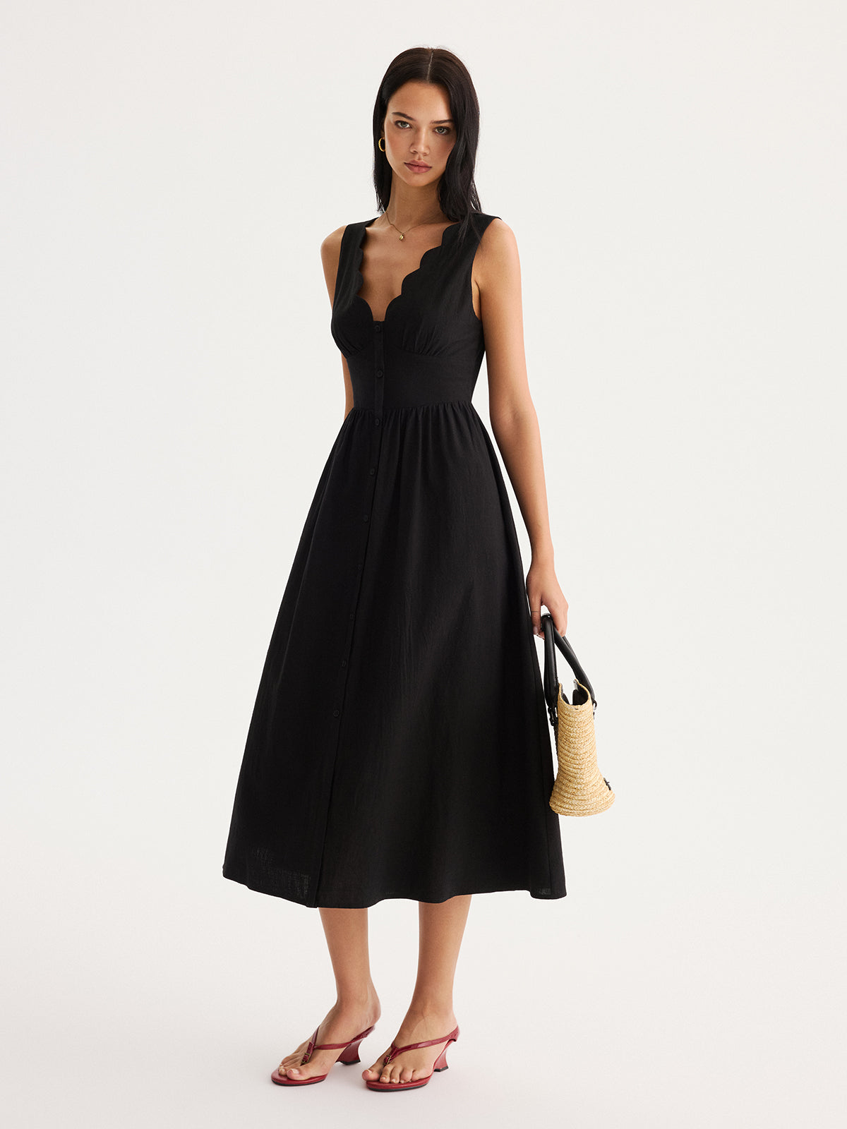 Scalloped Neckline Tie-Back Cotton Maxi Dress for Women Summer Casual