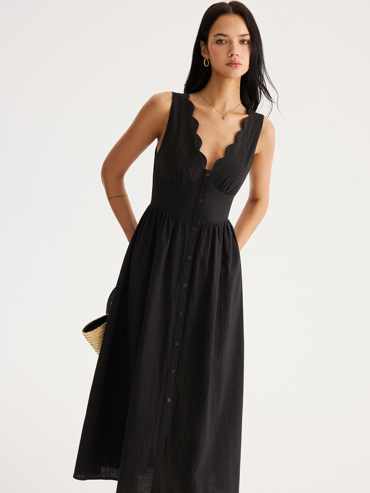 Scalloped Neckline Tie-Back Cotton Maxi Dress for Women Summer Casual