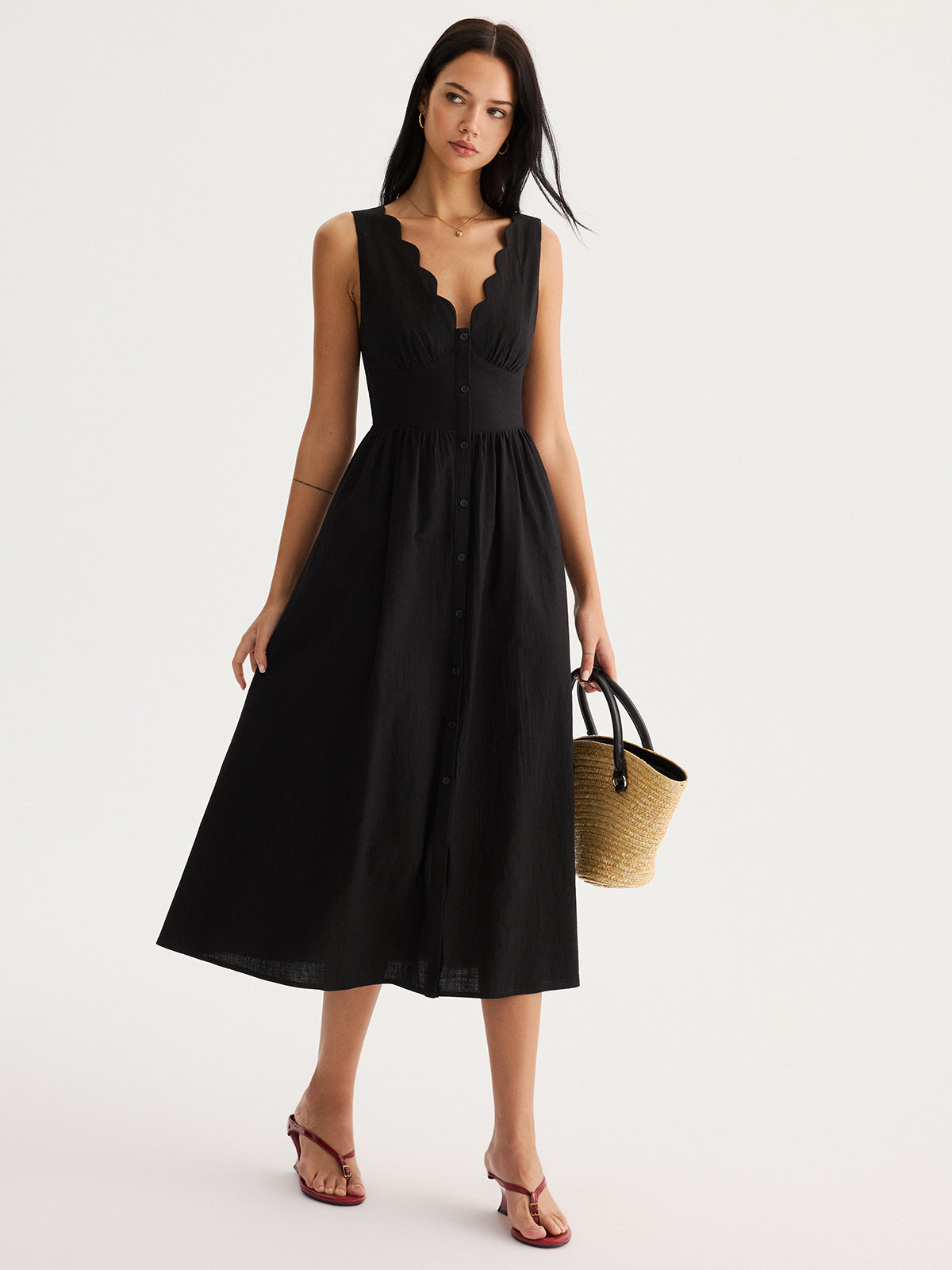 Scalloped Neckline Tie-Back Cotton Maxi Dress for Women Summer Casual