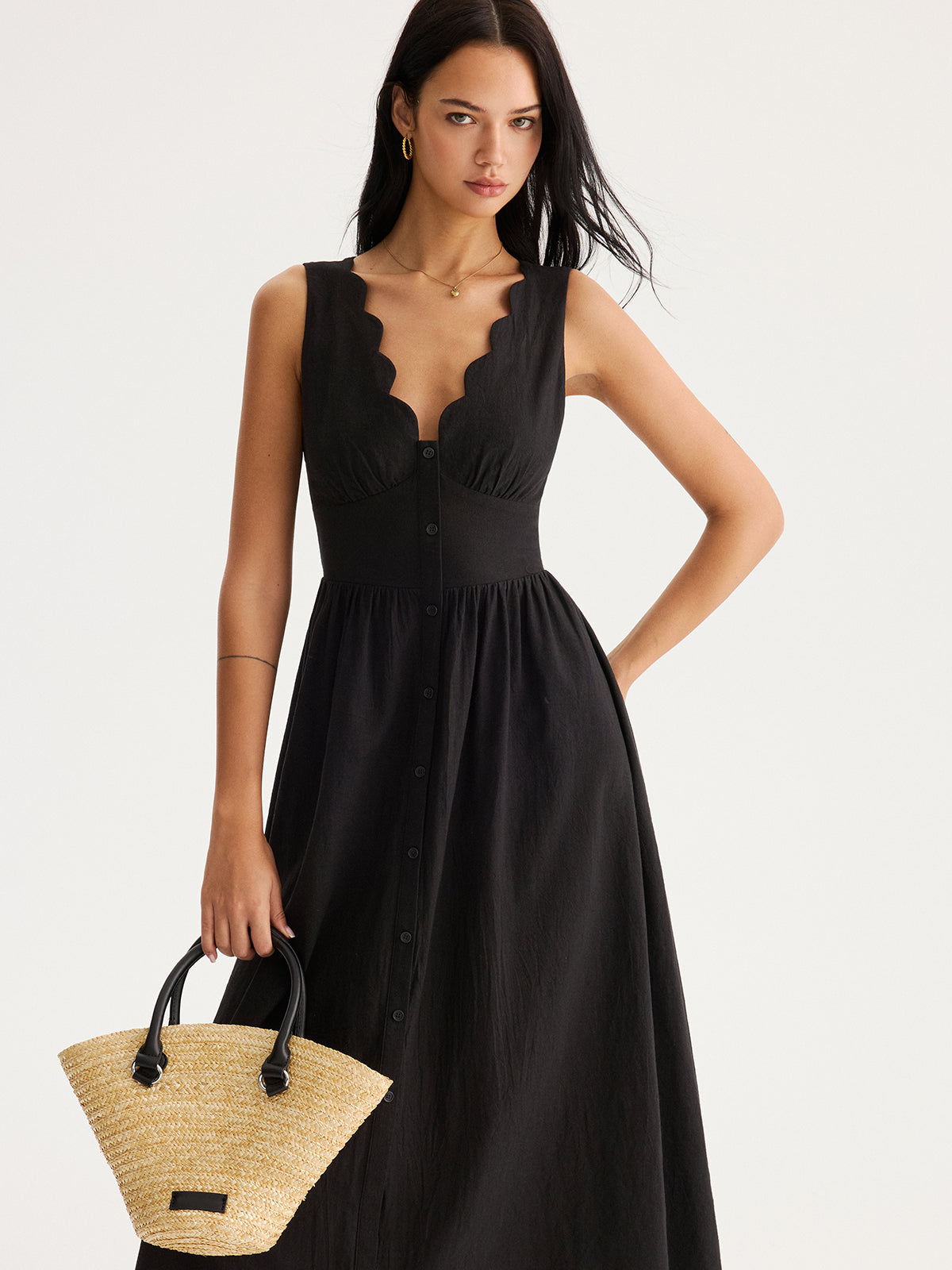 Scalloped Neckline Tie-Back Cotton Maxi Dress for Women Summer Casual