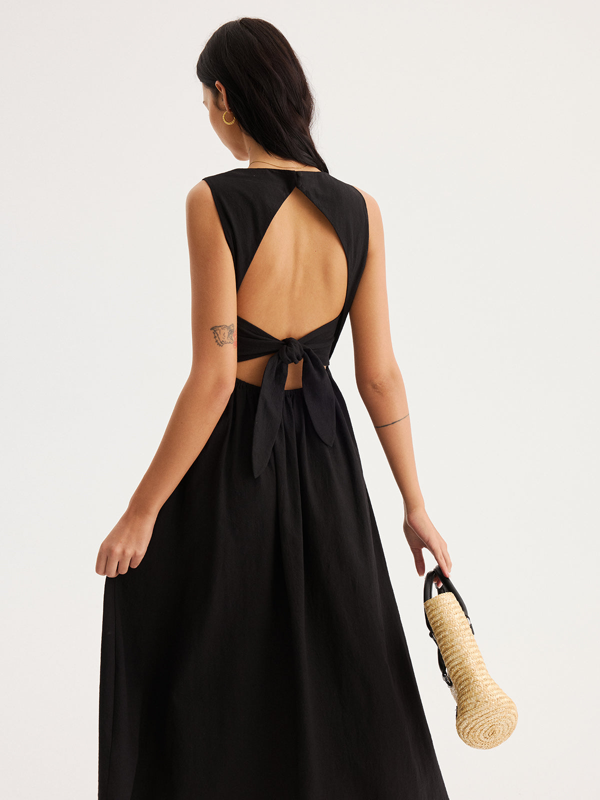 Scalloped Neckline Tie-Back Cotton Maxi Dress for Women Summer Casual