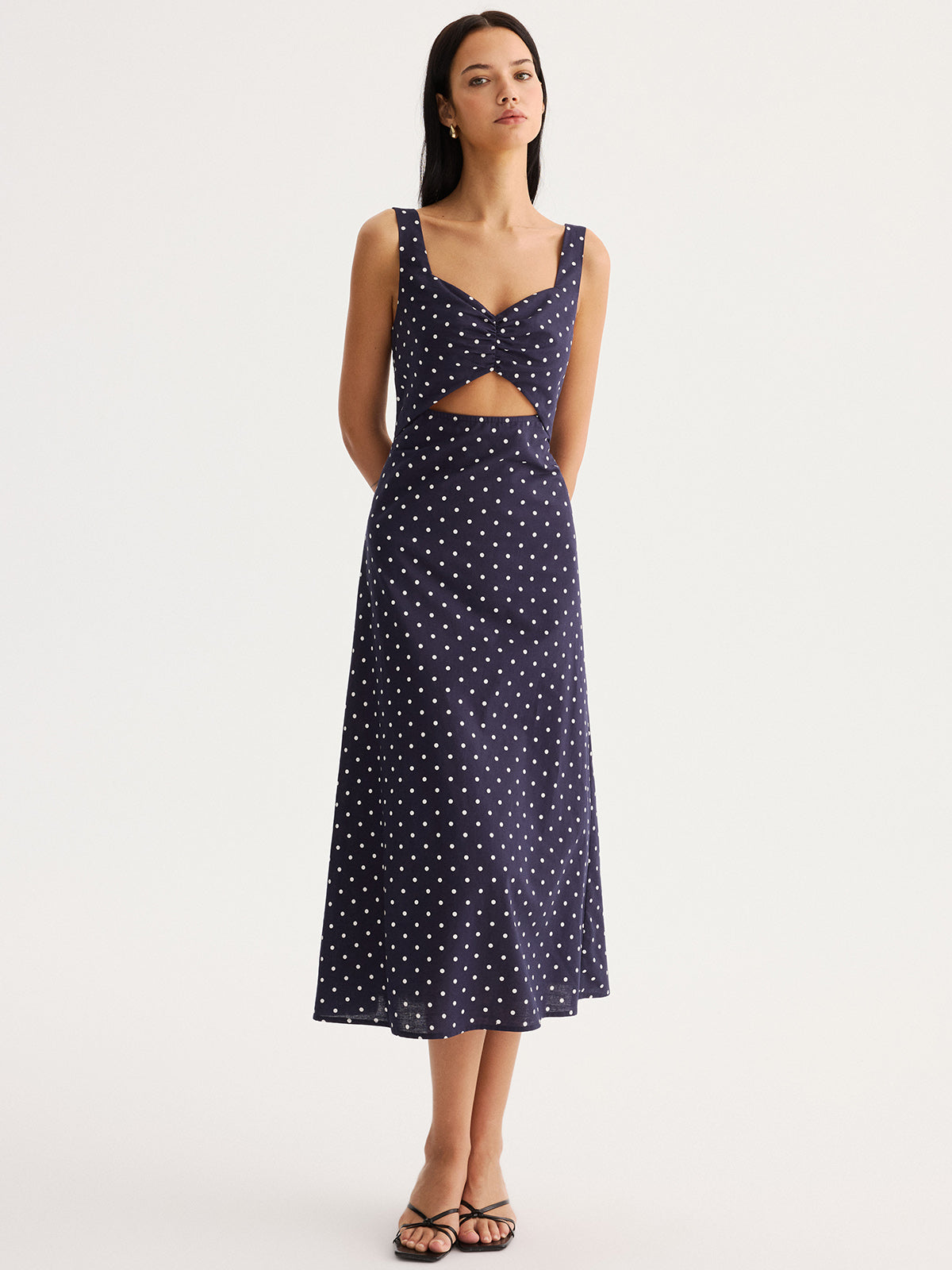 Polka Dot Cutout Cotton Linen Maxi Dress for Women Summer Fashion