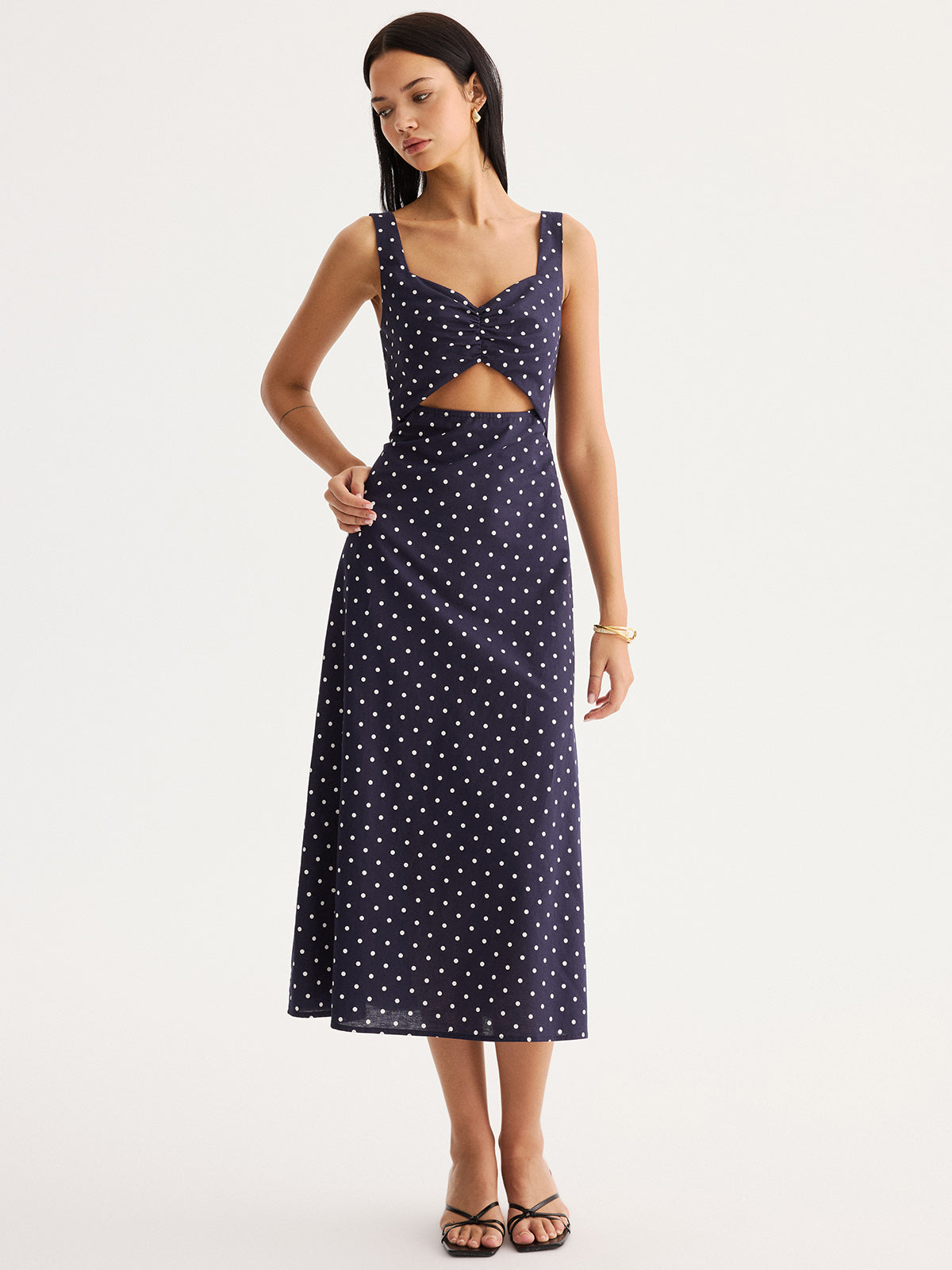 Polka Dot Cutout Cotton Linen Maxi Dress for Women Summer Fashion