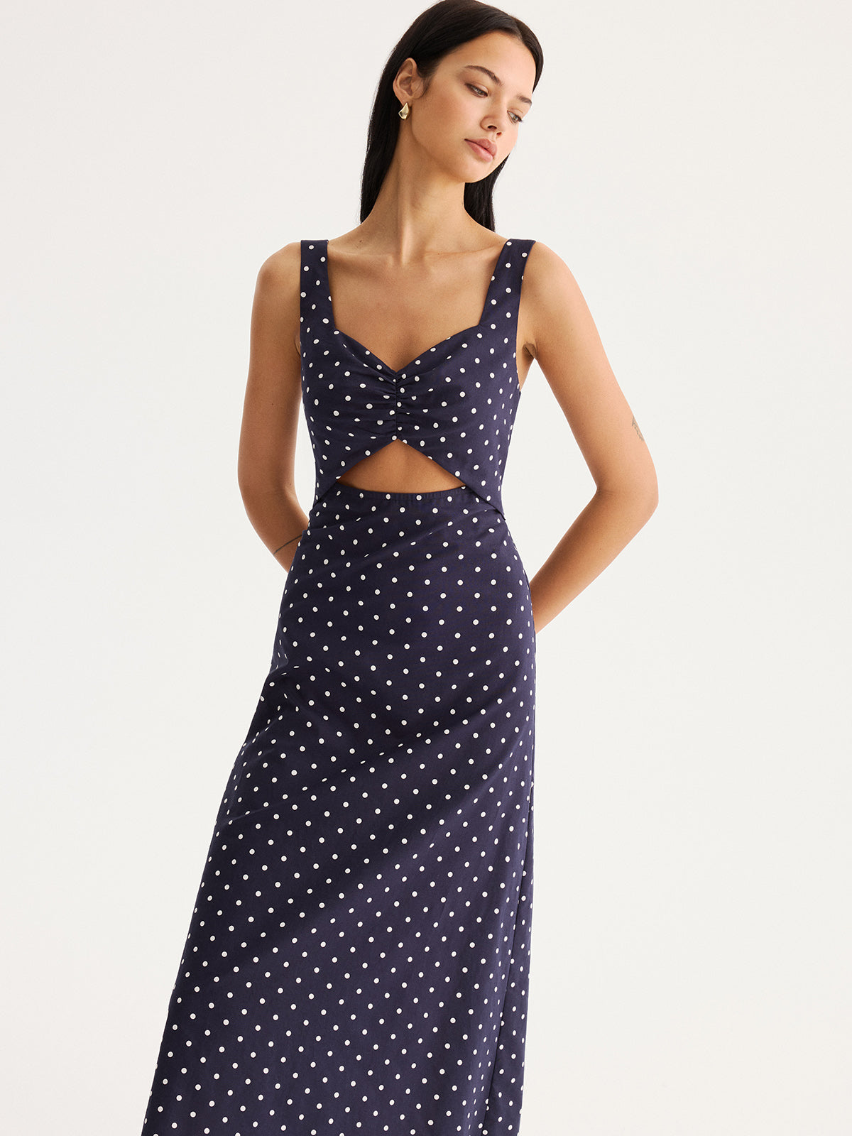 Polka Dot Cutout Cotton Linen Maxi Dress for Women Summer Fashion