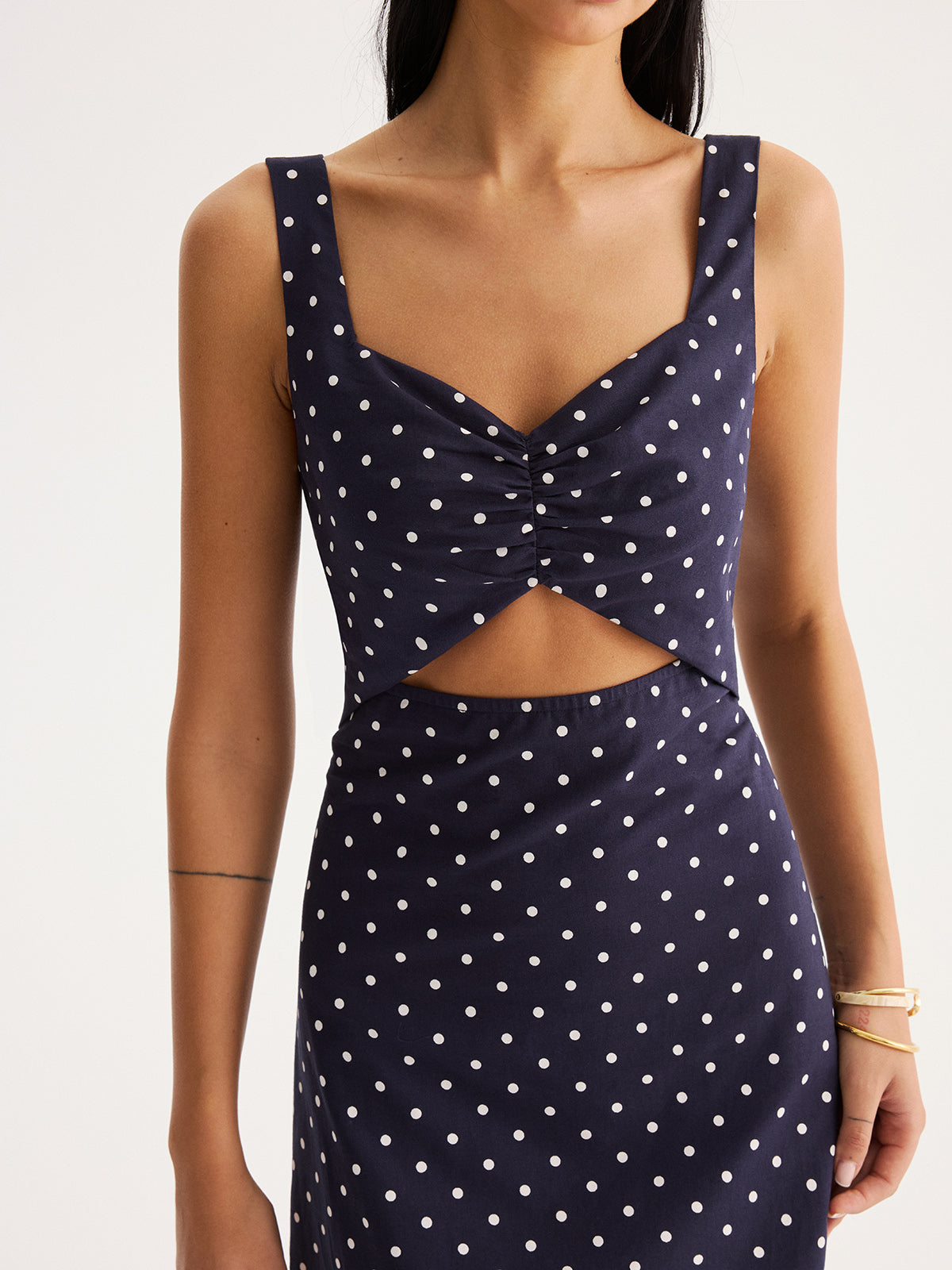 Polka Dot Cutout Cotton Linen Maxi Dress for Women Summer Fashion