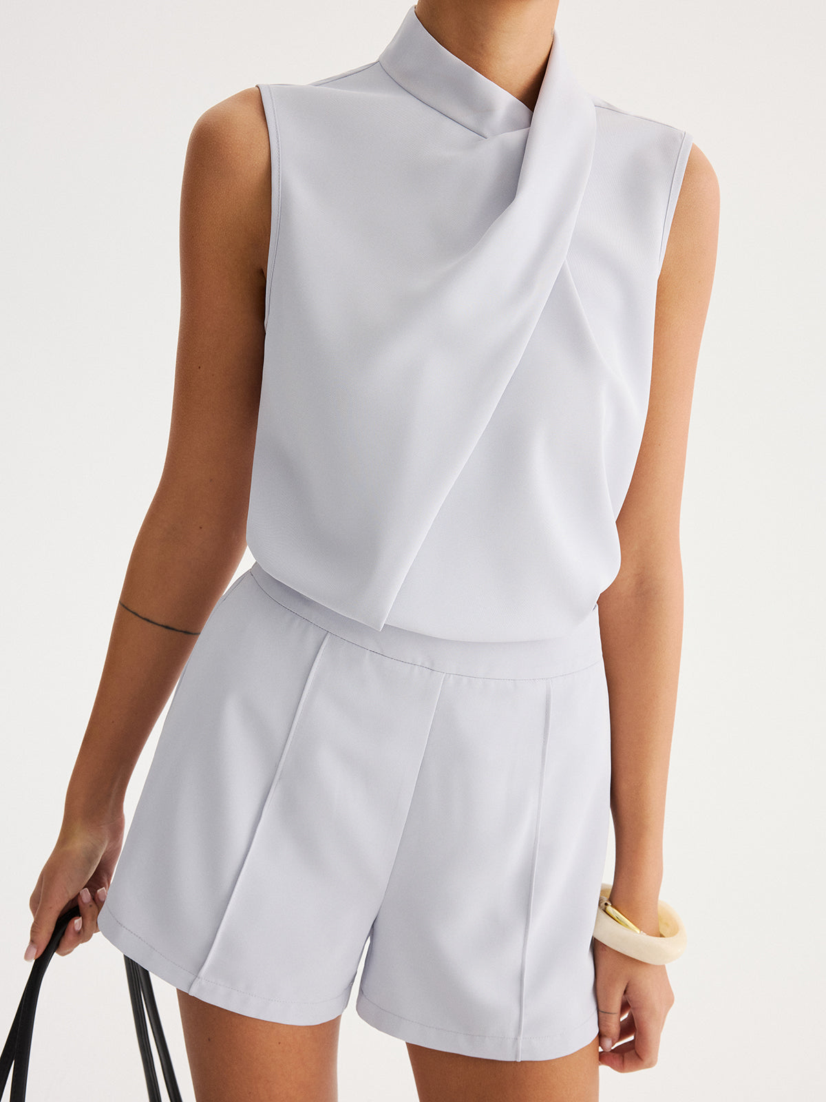 Asymmetric Draped Top & Tailored Shorts Set for Women's Fashion