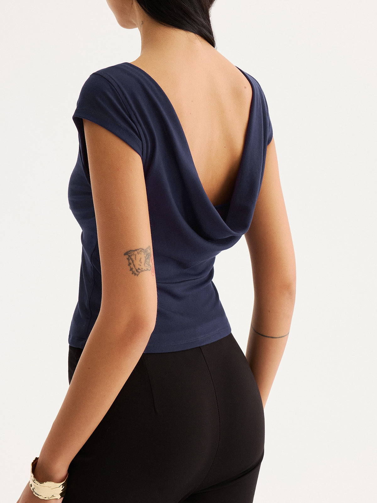 Double-Layer Front Cowl Back Cap Sleeve Top for Women, Elegant Casual Wear