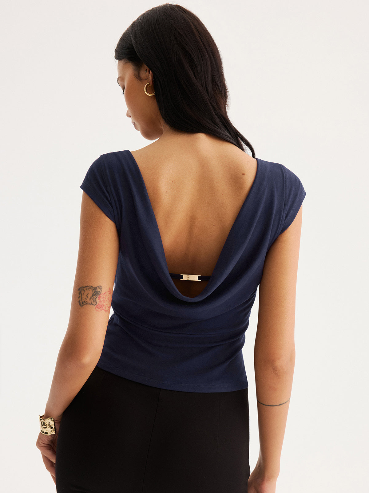 Double-Layer Front Cowl Back Cap Sleeve Top for Women, Elegant Casual Wear