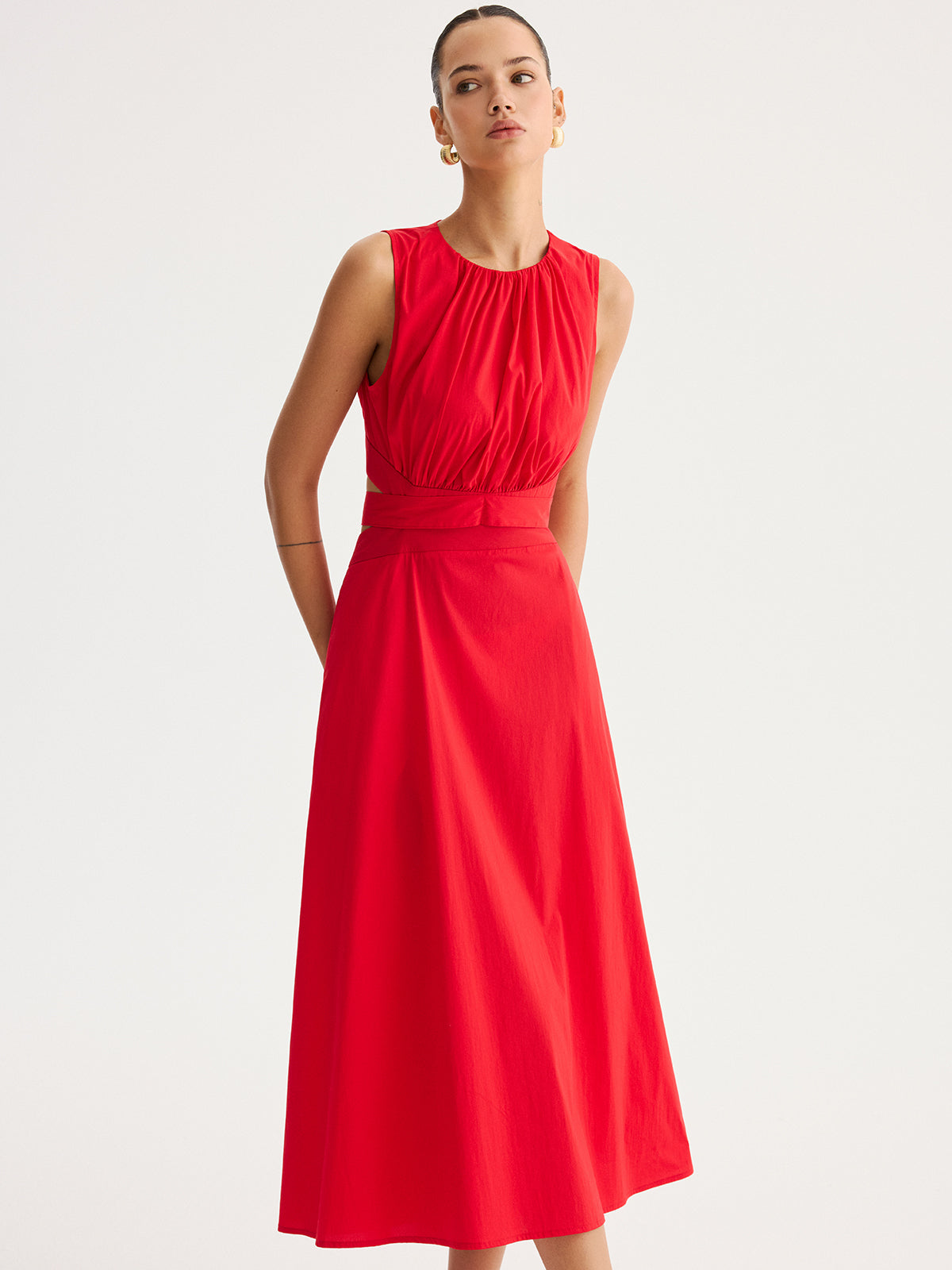 Tie-Back Cut-Out Waist Maxi Dress with Side Slit Detailing