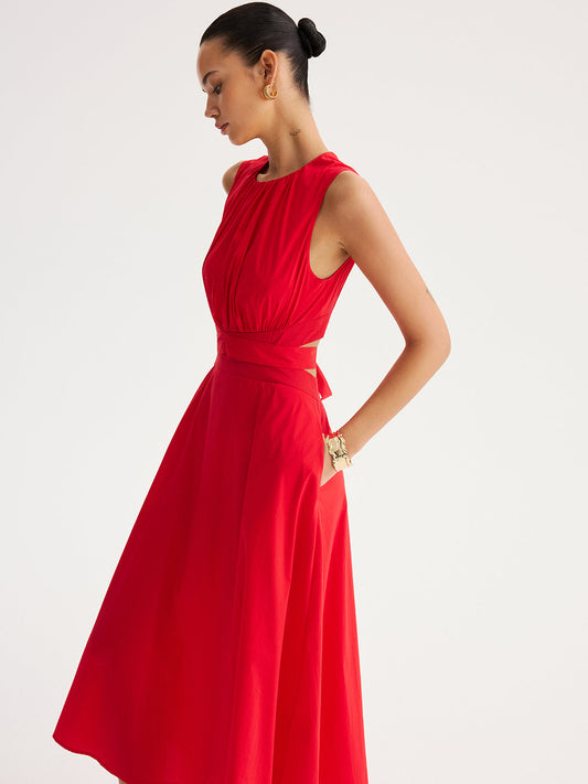 Tie-Back Cut-Out Waist Maxi Dress with Side Slit Detailing