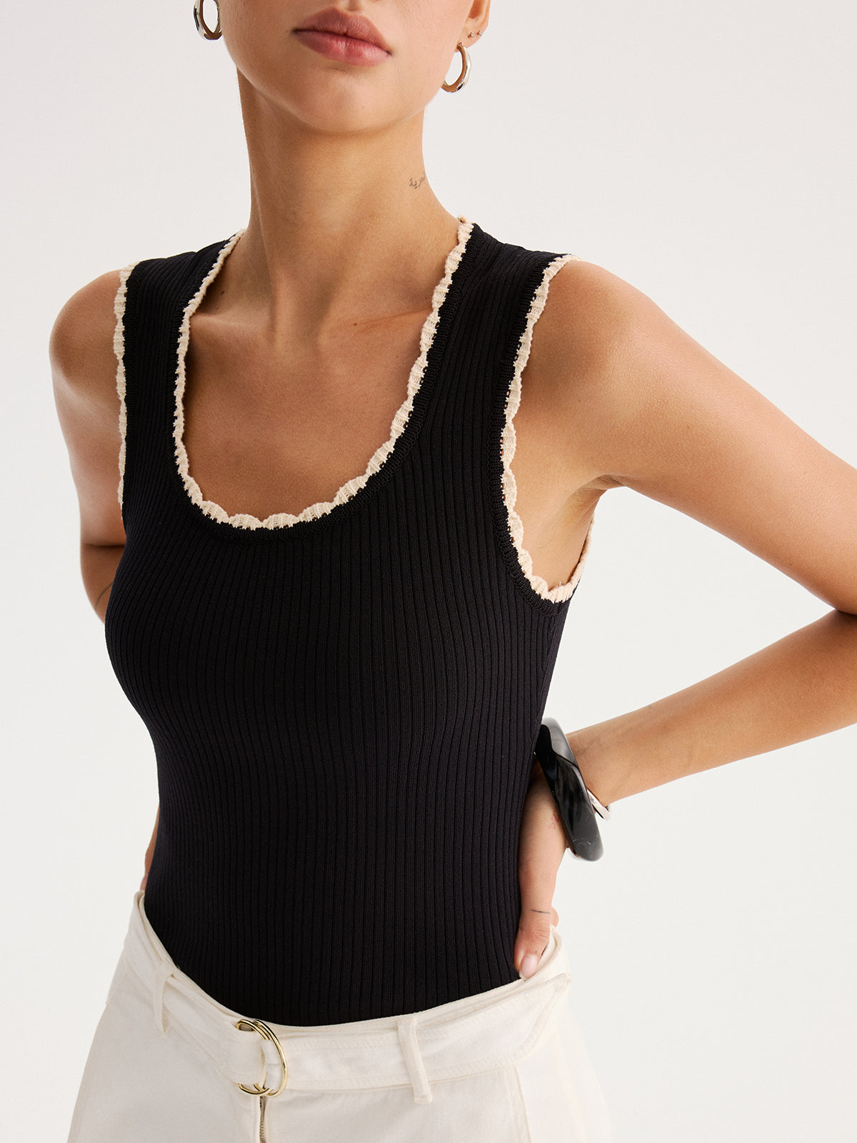 Ribbed Scallop Trim Knit Tank Top for Women Comfort Fit