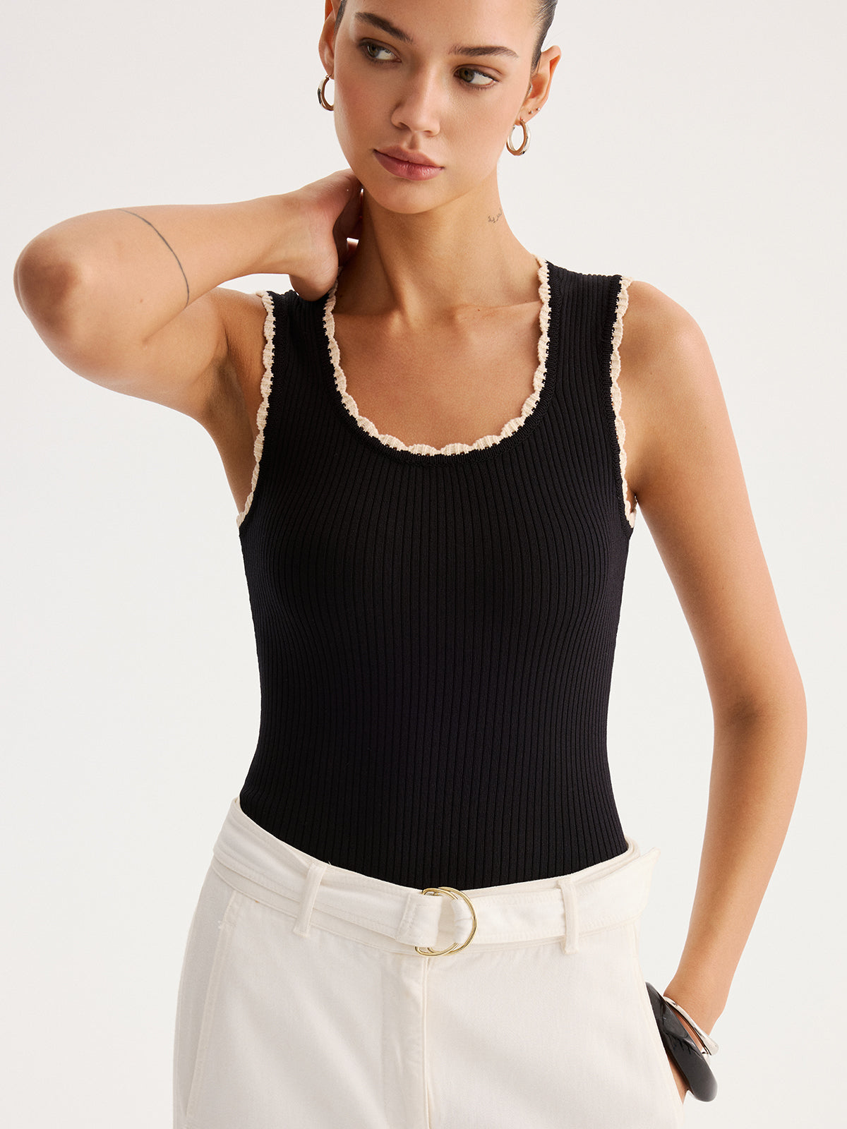 Ribbed Scallop Trim Knit Tank Top for Women Comfort Fit