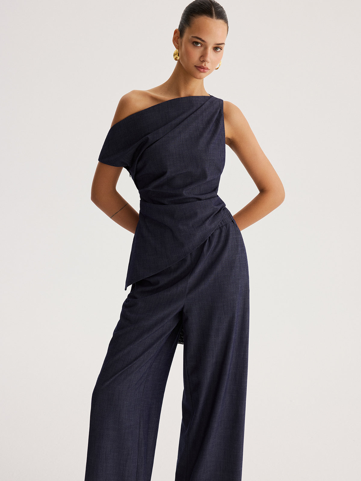 Asymmetrical Off-Shoulder Top & Wide-Leg Pants Set Fashion Trend