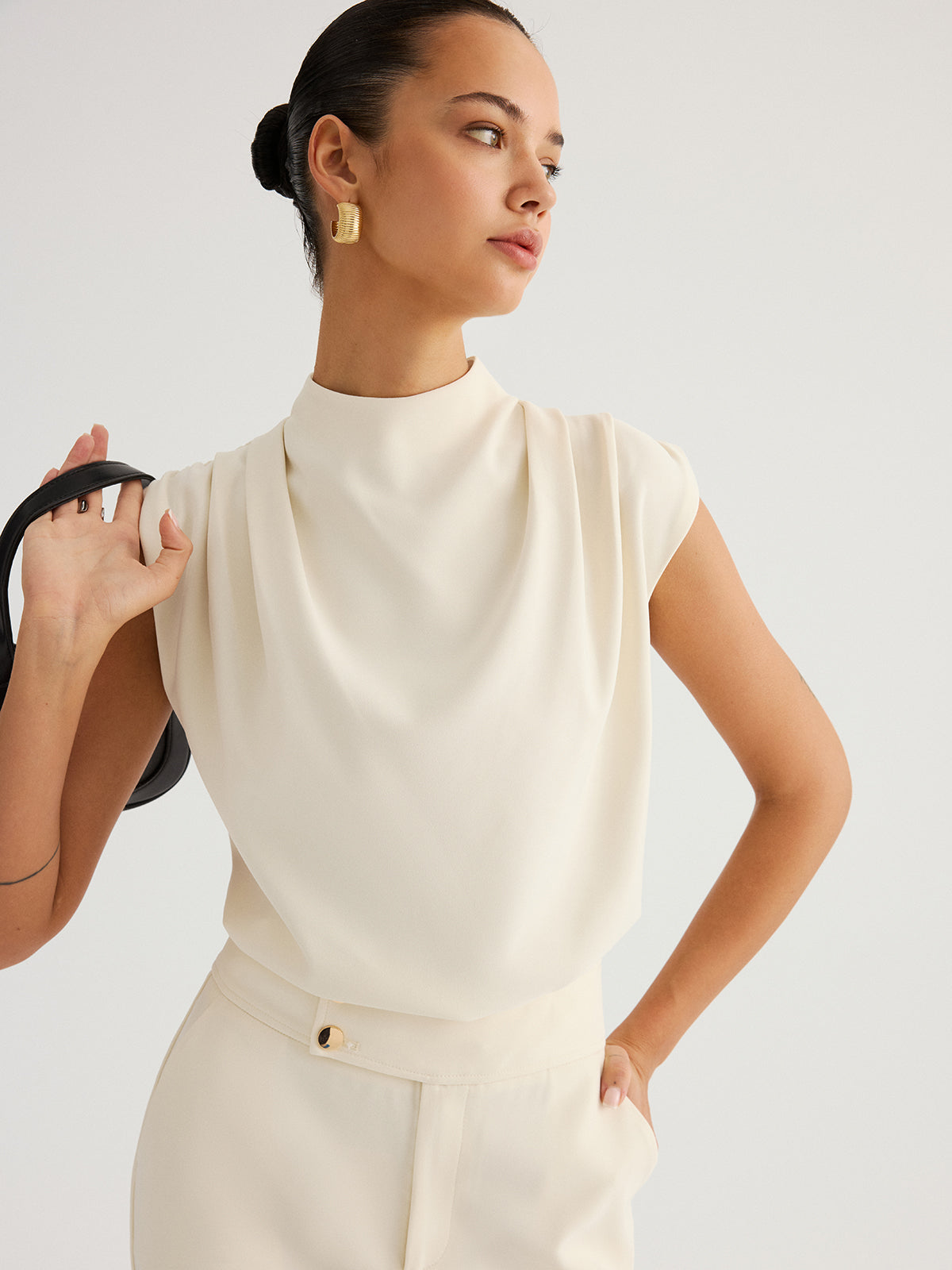Draped High-Neck Cap Sleeve Blouse for Elegant Office Wear