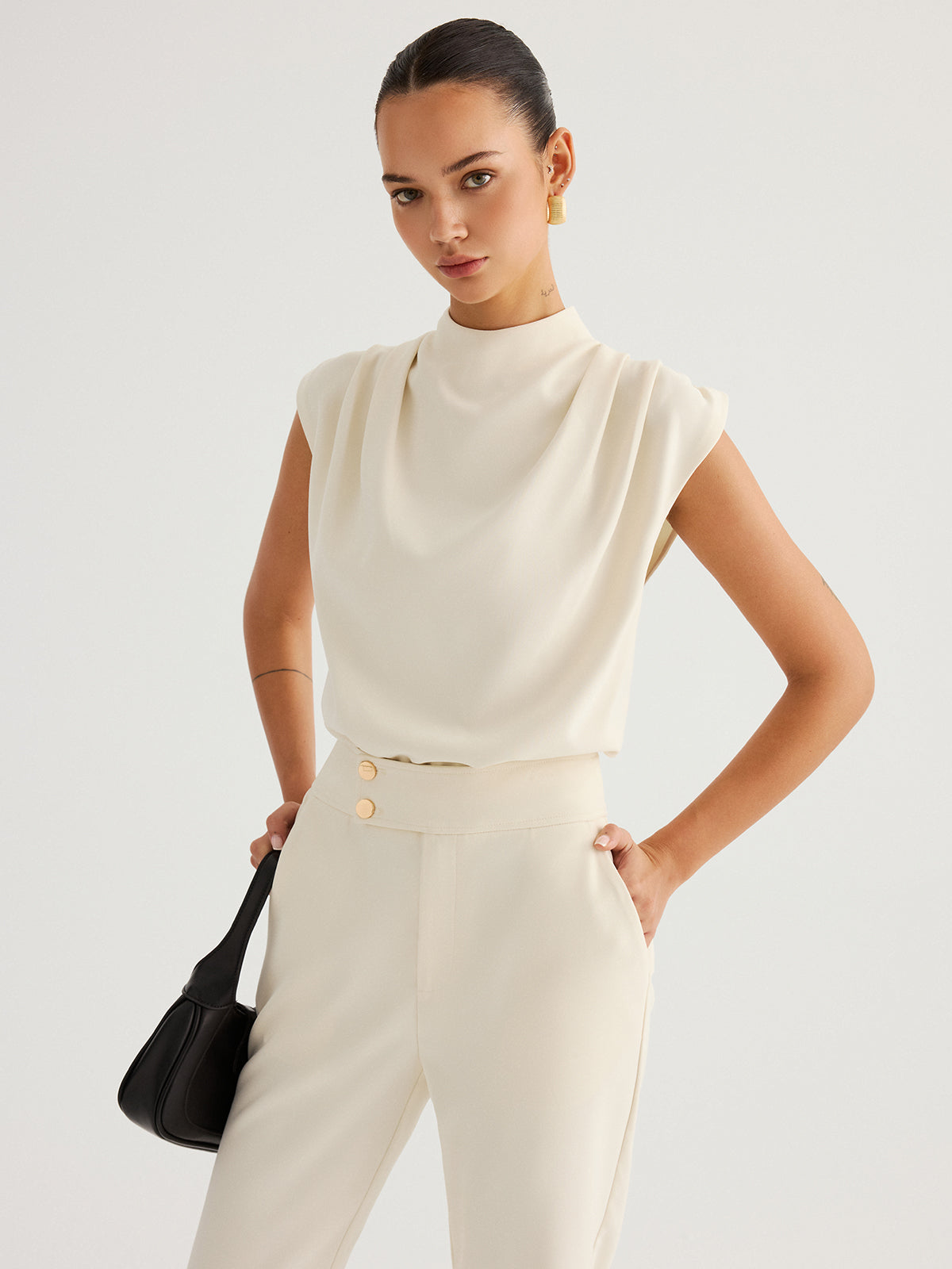 Draped High-Neck Cap Sleeve Blouse for Elegant Office Wear